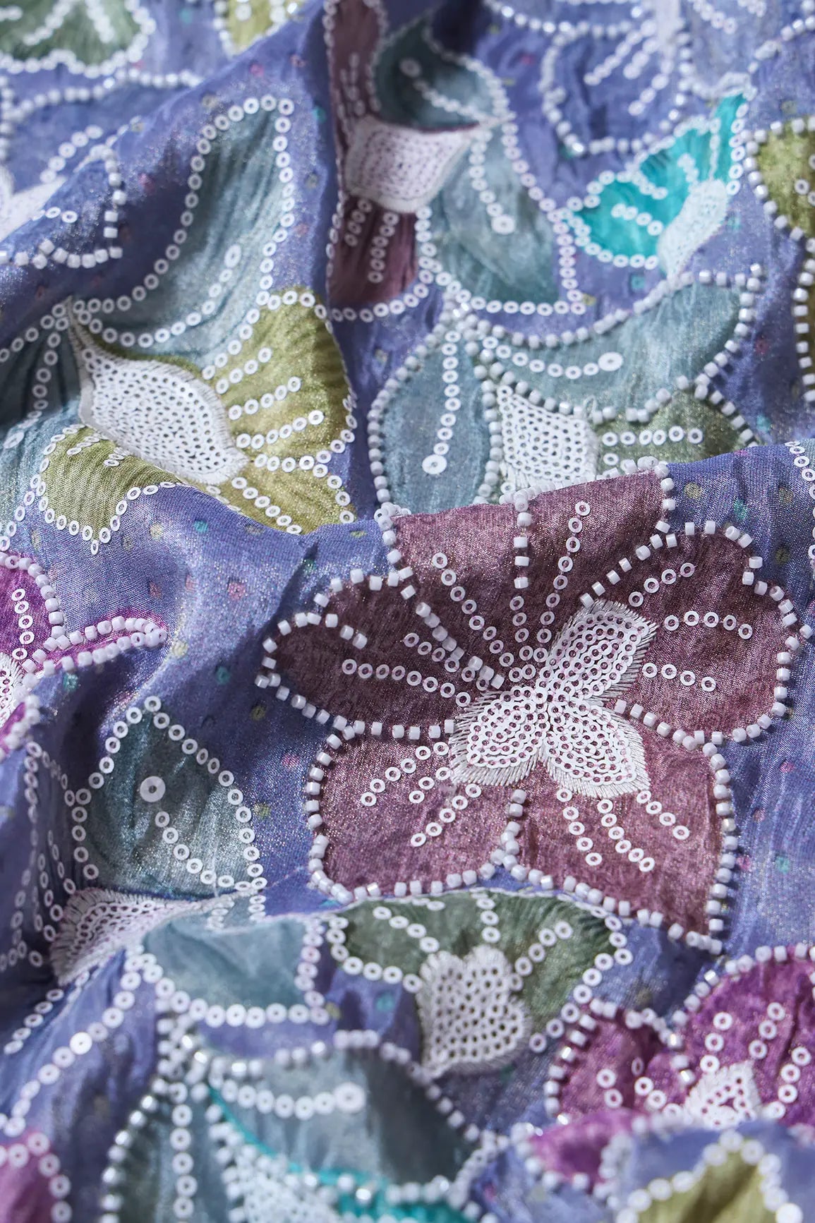 Floral Position Print With White Beads And White Sequins Embroidery On Lilac Viscose Zari Tissue Fabric - doeraa