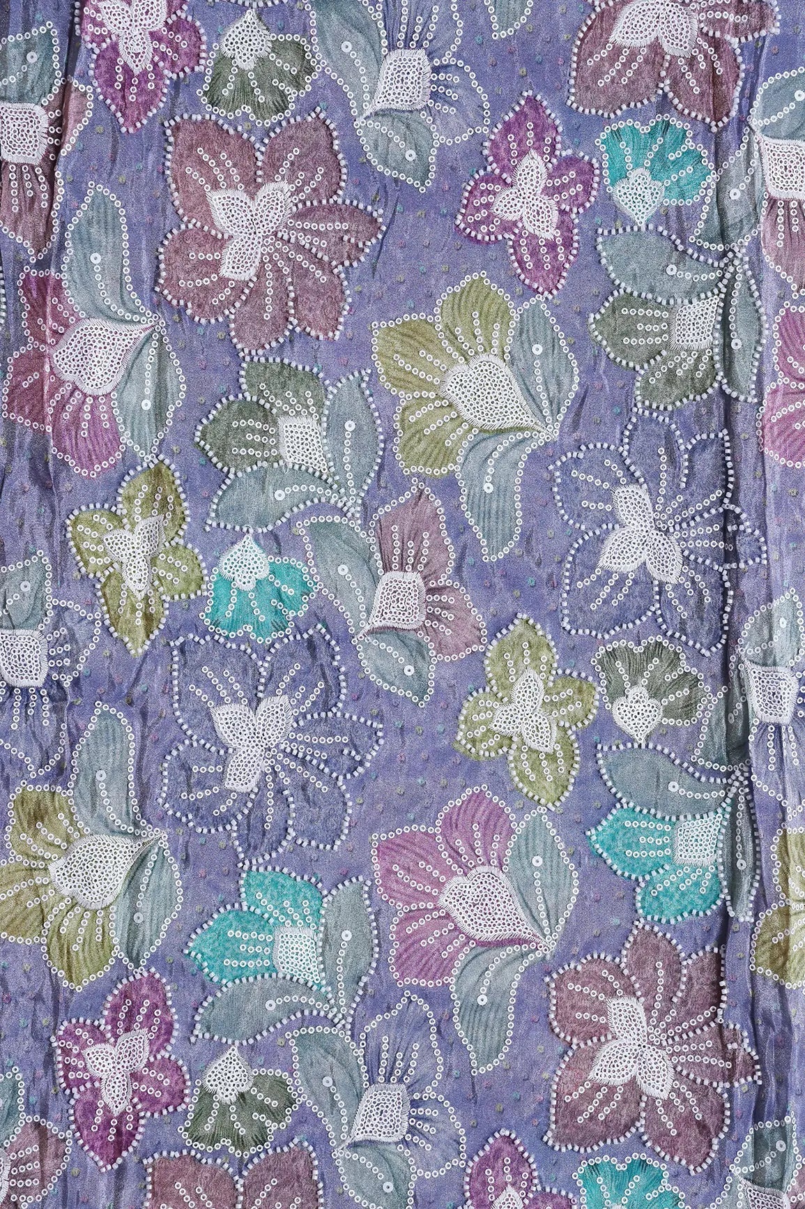 Floral Position Print With White Beads And White Sequins Embroidery On Lilac Viscose Zari Tissue Fabric - doeraa