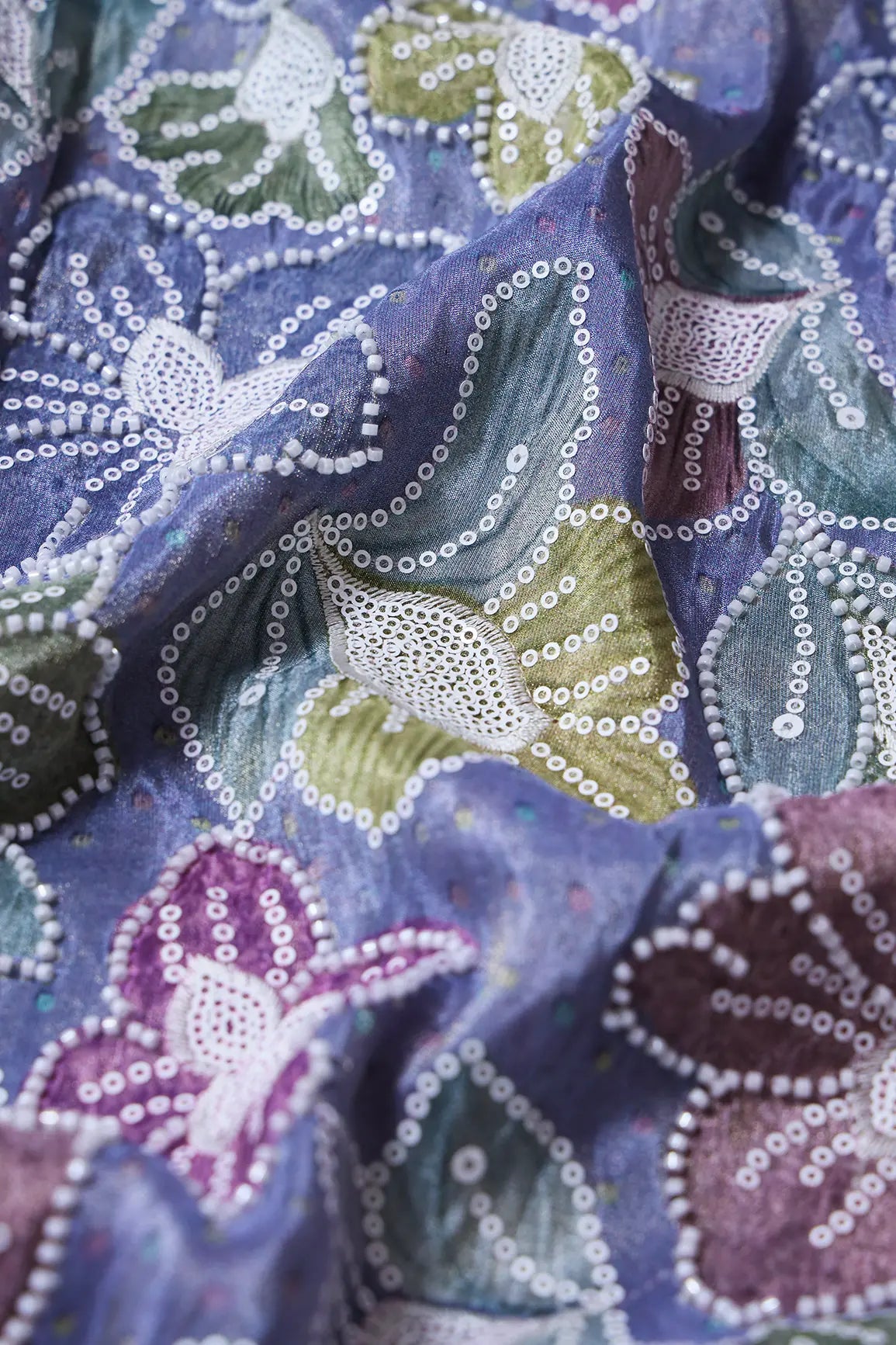 Floral Position Print With White Beads And White Sequins Embroidery On Lilac Viscose Zari Tissue Fabric - doeraa