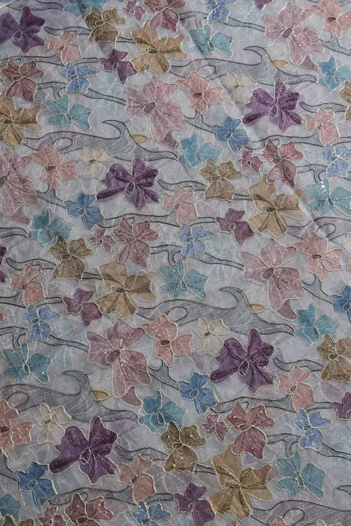Floral Positional Print On Sequins With Zari Embroidery On Grey Organza Fabric - doeraa