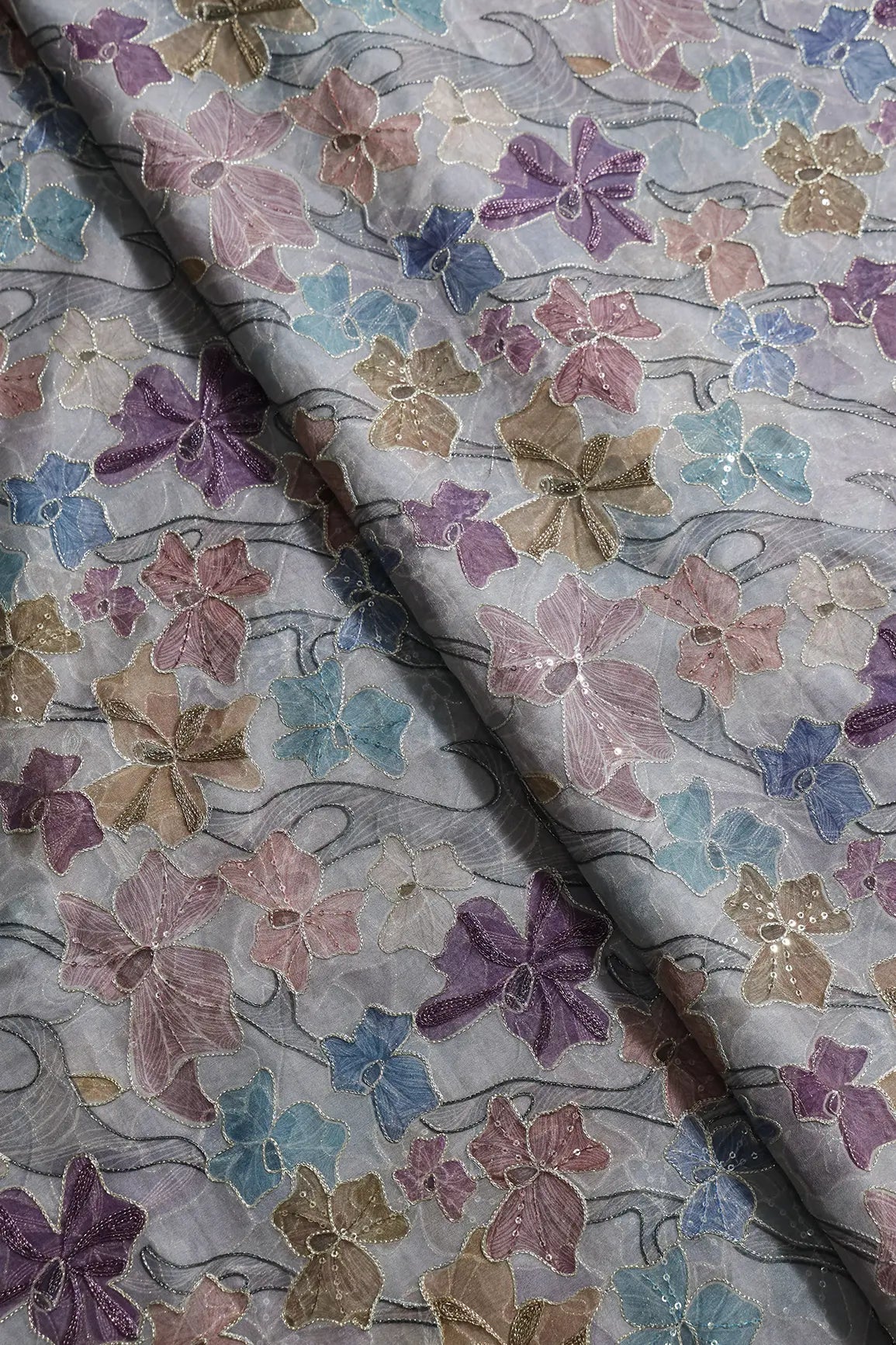 Floral Positional Print On Sequins With Zari Embroidery On Grey Organza Fabric - doeraa