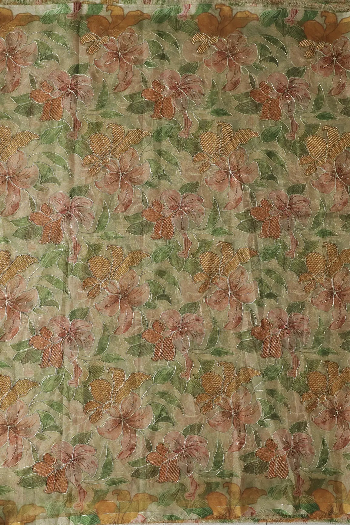 Floral Positional Print On Sequins With Zari Embroidery On Light Olive Organza Fabric - doeraa