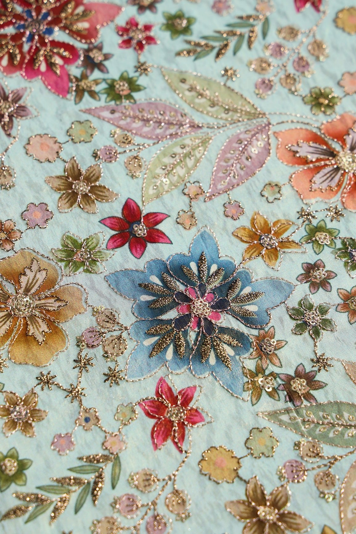 Floral Positional Print On Sequins With Zari Embroidery On Pastel Blue Viscose Zari Tissue Fabric - doeraa