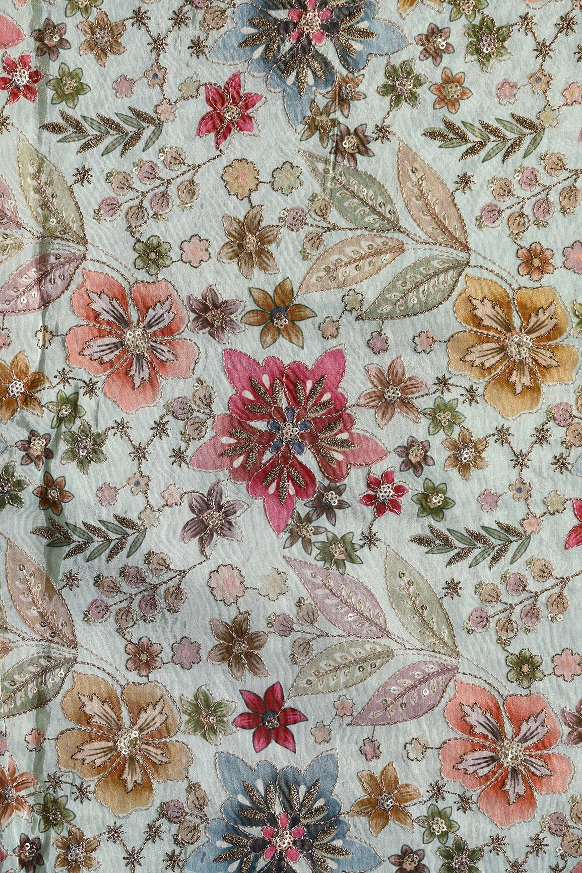 Floral Positional Print On Sequins With Zari Embroidery On Pastel Blue Viscose Zari Tissue Fabric - doeraa