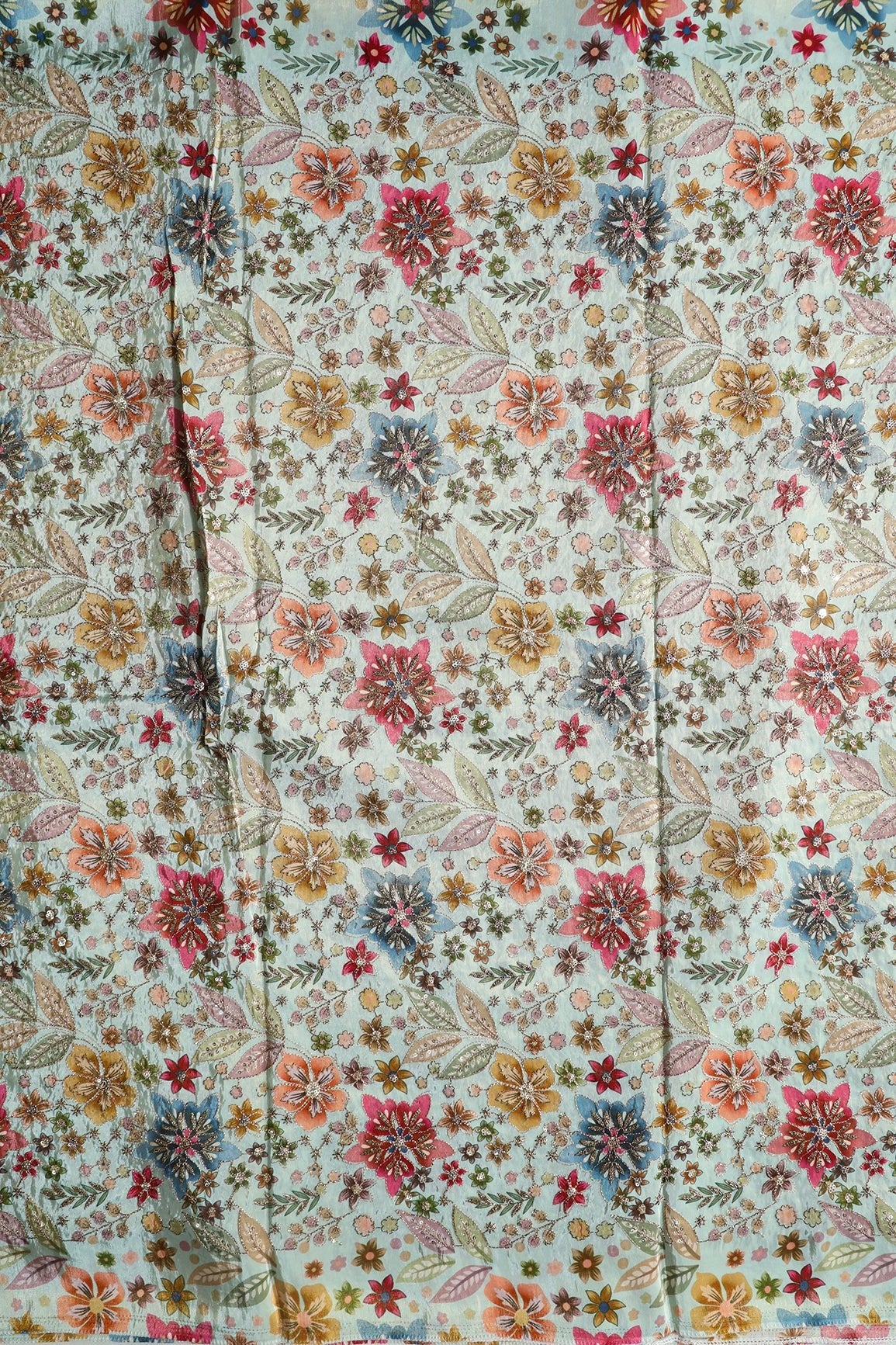 Floral Positional Print On Sequins With Zari Embroidery On Pastel Blue Viscose Zari Tissue Fabric - doeraa