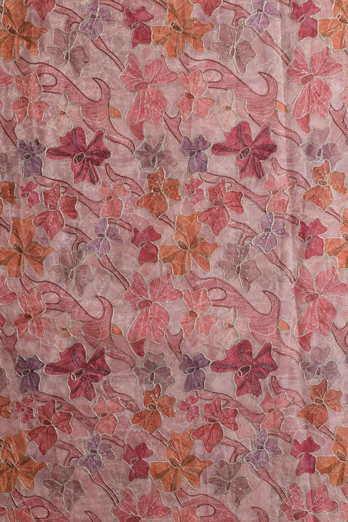 Floral Positional Print On Sequins With Zari Embroidery On Pastel Pink Organza Fabric - doeraa