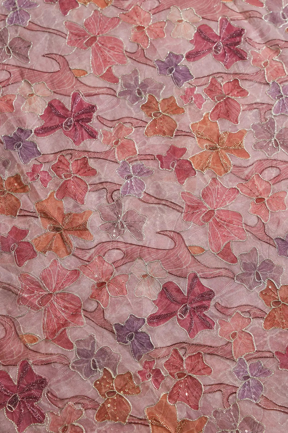 Floral Positional Print On Sequins With Zari Embroidery On Pastel Pink Organza Fabric - doeraa