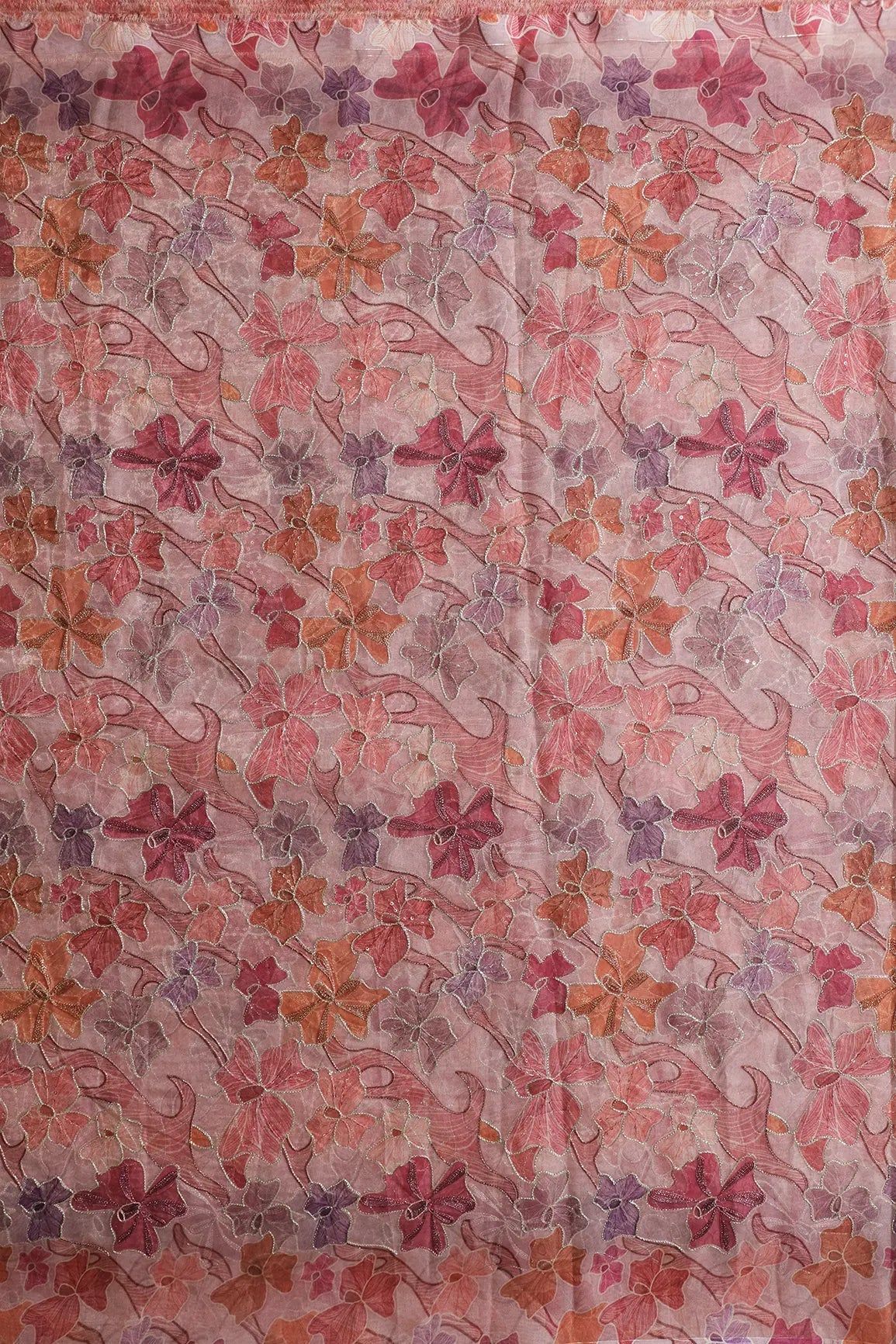 Floral Positional Print On Sequins With Zari Embroidery On Pastel Pink Organza Fabric - doeraa