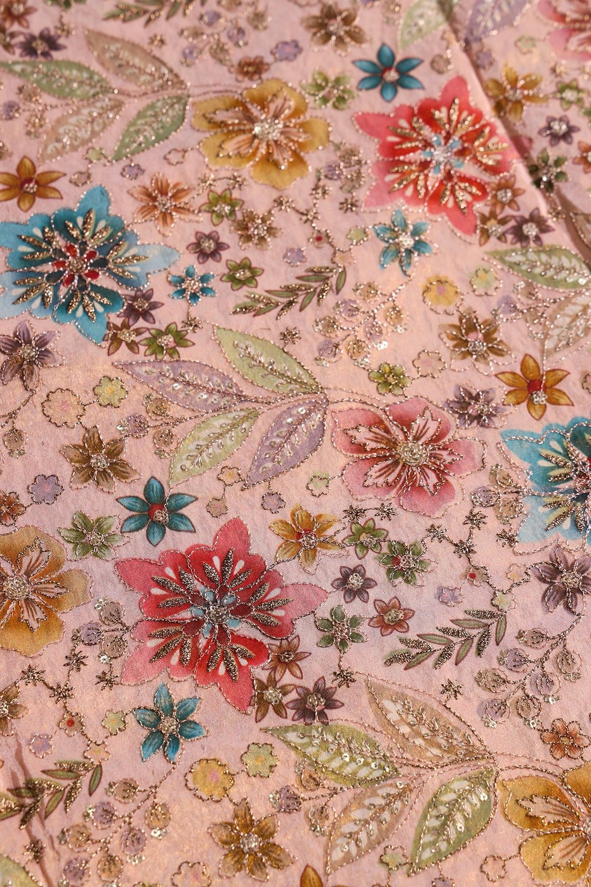 Floral Positional Print On Sequins With Zari Embroidery On Peach Viscose Zari Tissue Fabric - doeraa