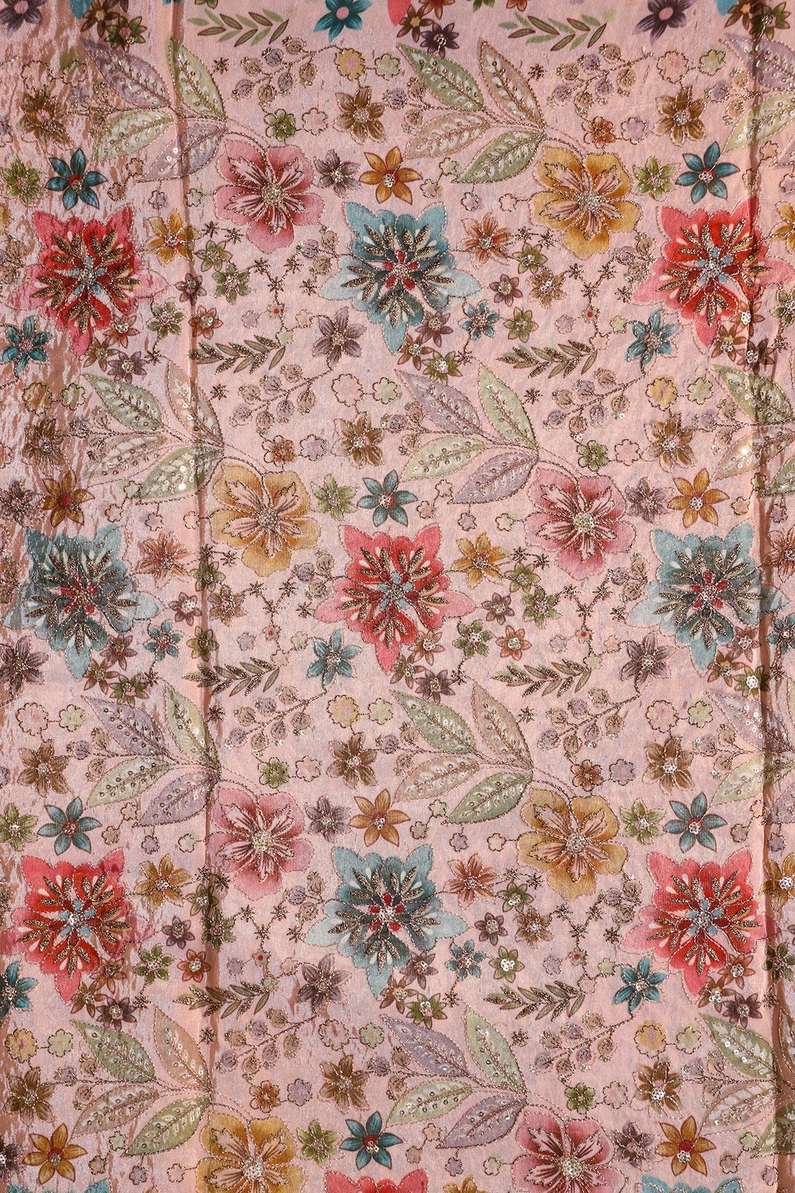 Floral Positional Print On Sequins With Zari Embroidery On Peach Viscose Zari Tissue Fabric - doeraa