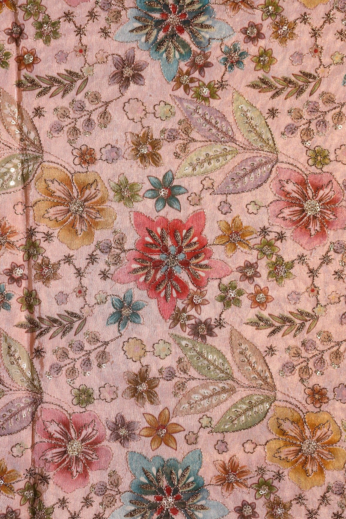 Floral Positional Print On Sequins With Zari Embroidery On Peach Viscose Zari Tissue Fabric - doeraa