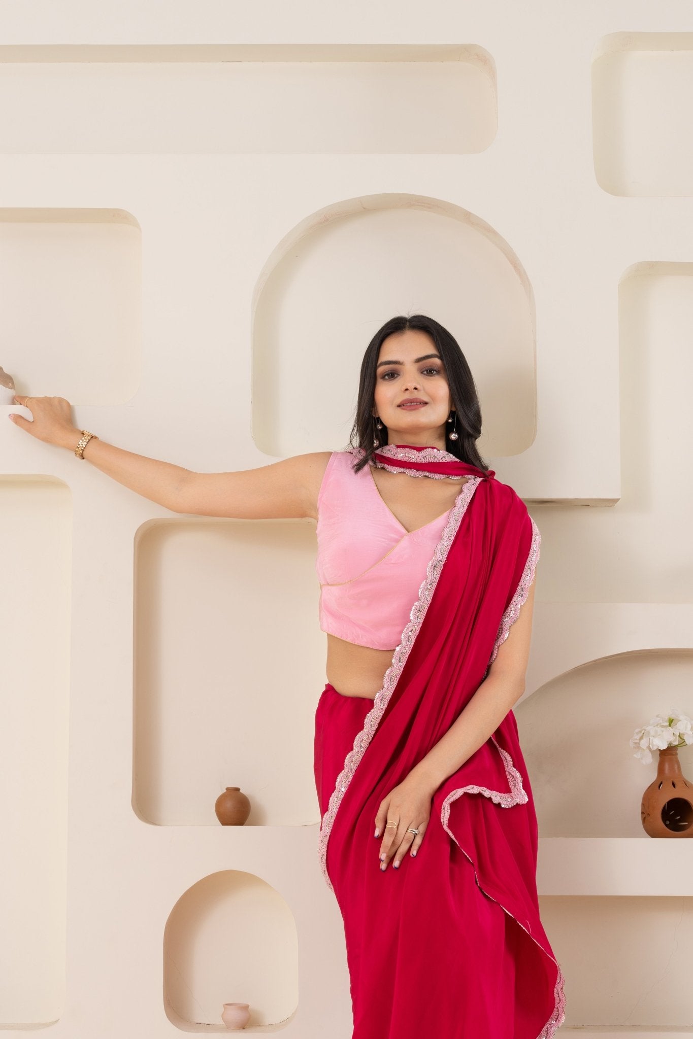 Fuchsia And Baby Pink Pure Viscose Crepe Saree Set With Border (Saree With Blouse Piece) - doeraa