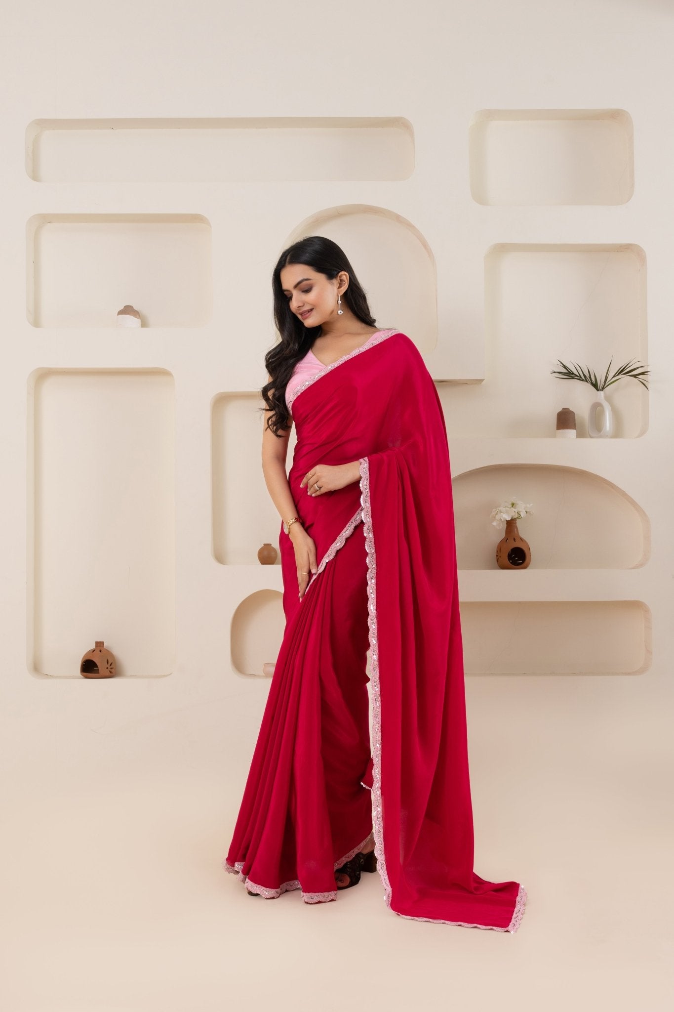Fuchsia And Baby Pink Pure Viscose Crepe Saree Set With Border (Saree With Blouse Piece) - doeraa