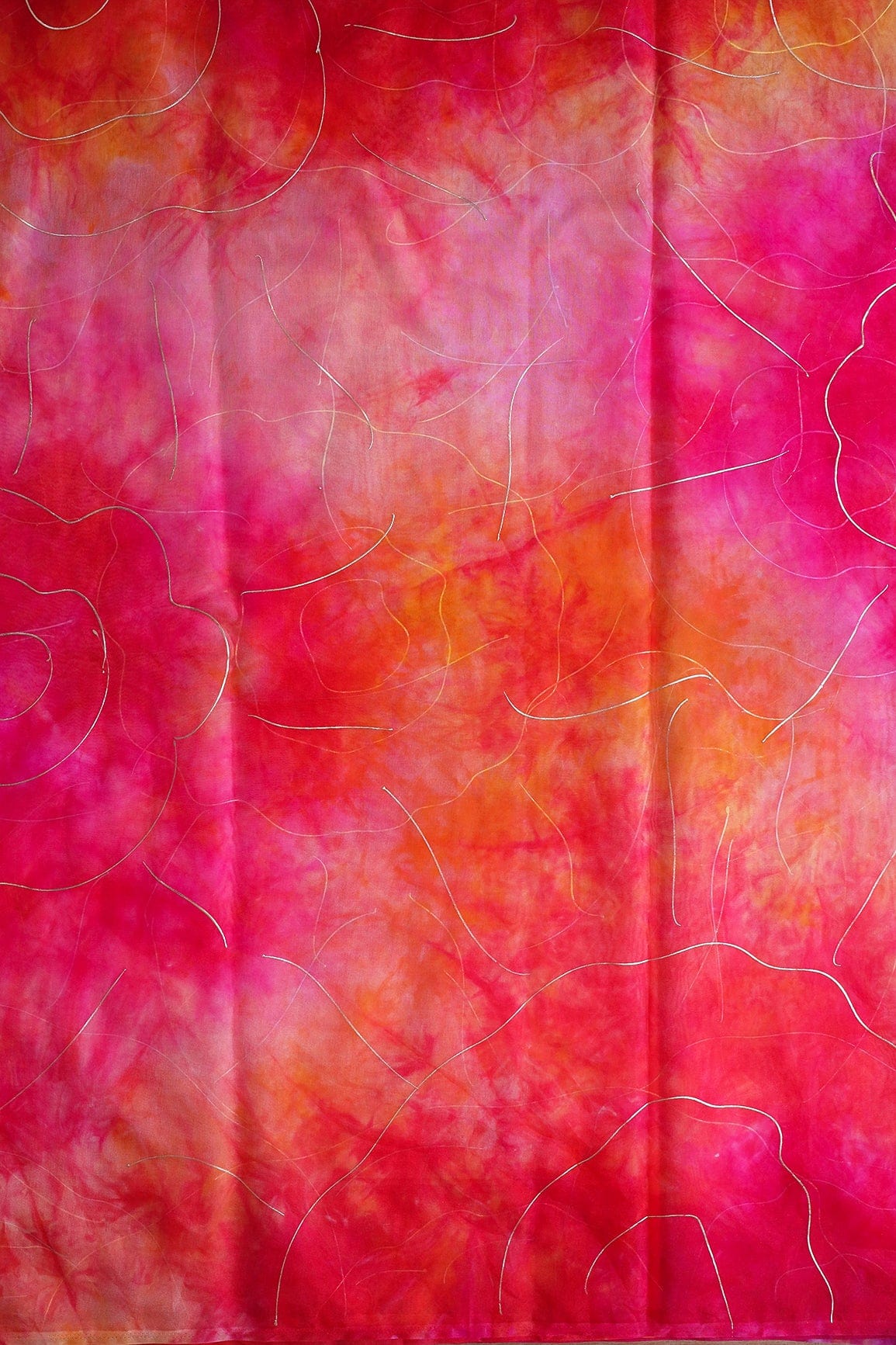 Fuchsia And Orange Tie & Dye Shibori Foil Print On Organza Fabric - doeraa