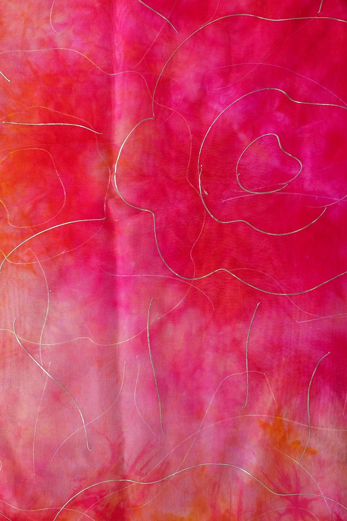 Fuchsia And Orange Tie & Dye Shibori Foil Print On Organza Fabric - doeraa