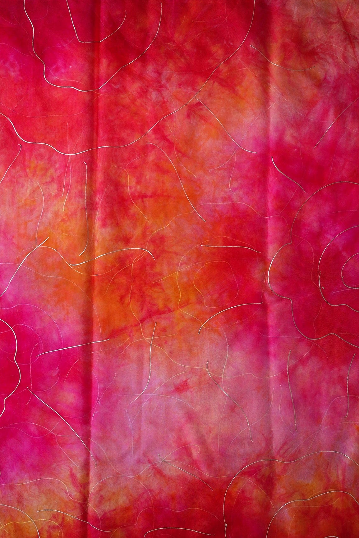 Fuchsia And Orange Tie & Dye Shibori Foil Print On Organza Fabric - doeraa