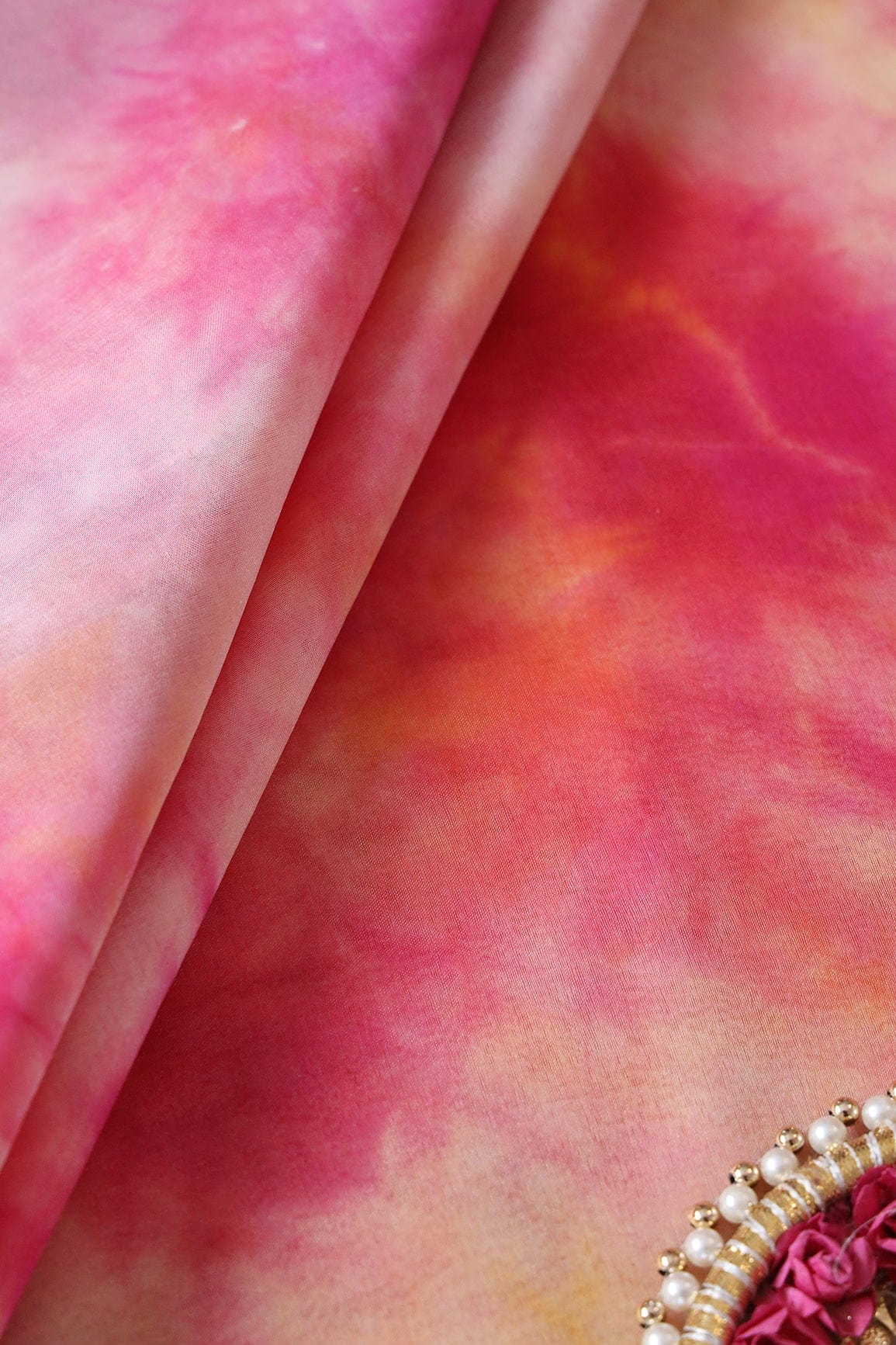 Fuchsia And Orange Tie & Dye Shibori Print On Organza Fabric - doeraa
