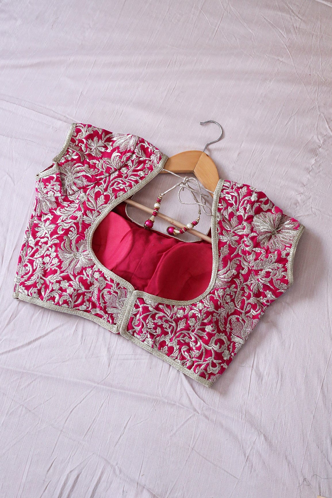 Fuchsia Floral Zari Embroidery Velvet Stitched Blouse - doeraa