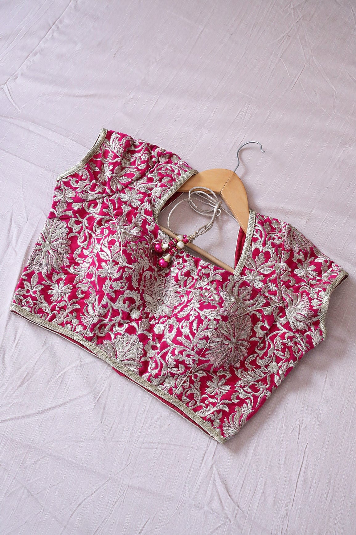 Fuchsia Floral Zari Embroidery Velvet Stitched Blouse - doeraa