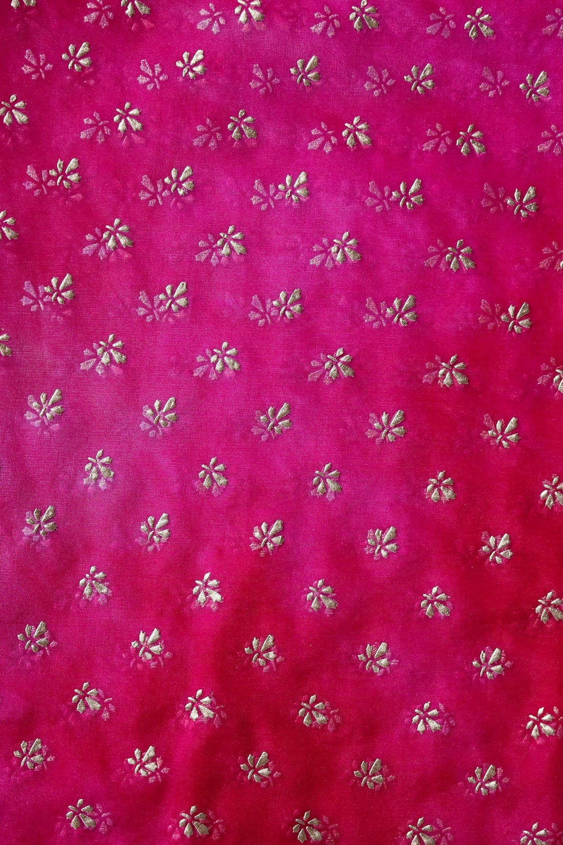 Fuchsia Tie & Dye Shibori Small Floral Motif Foil Print On Organza Fabric - doeraa