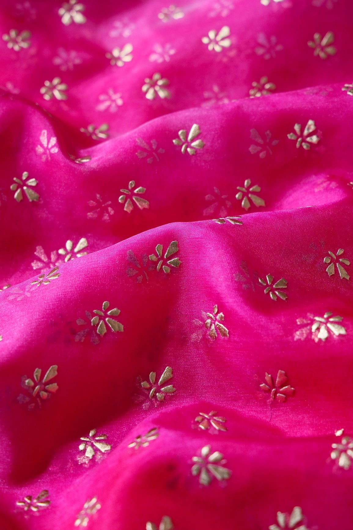 Fuchsia Tie & Dye Shibori Small Floral Motif Foil Print On Organza Fabric - doeraa