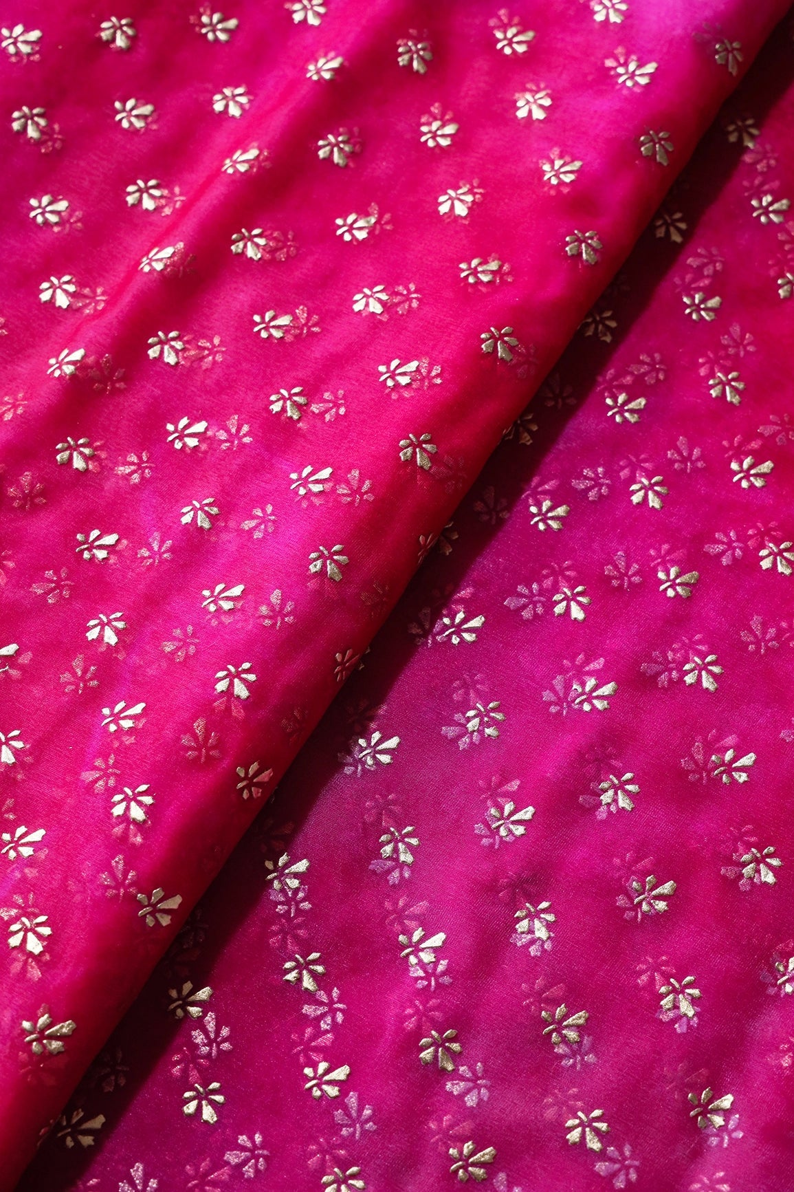 Fuchsia Tie & Dye Shibori Small Floral Motif Foil Print On Organza Fabric - doeraa