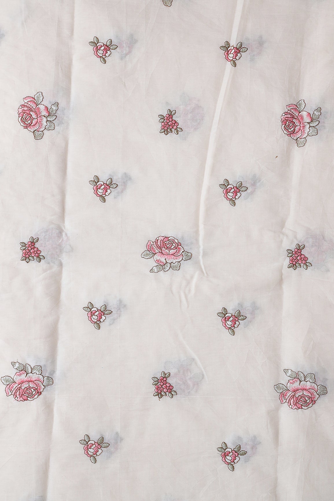 Gajri Pink And Olive Thread Floral Embroidery On Off White Organic Cotton Fabric - doeraa