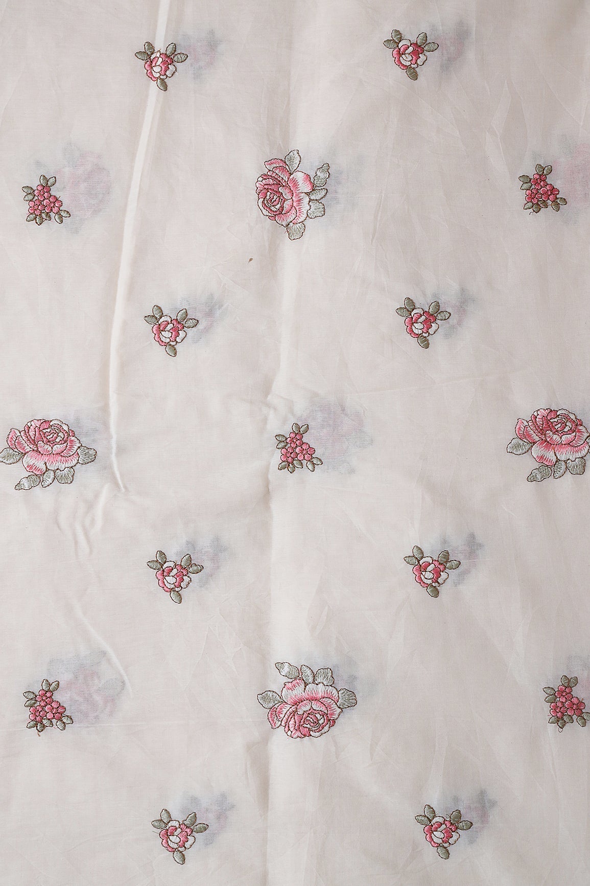 Gajri Pink And Olive Thread Floral Embroidery On Off White Organic Cotton Fabric - doeraa