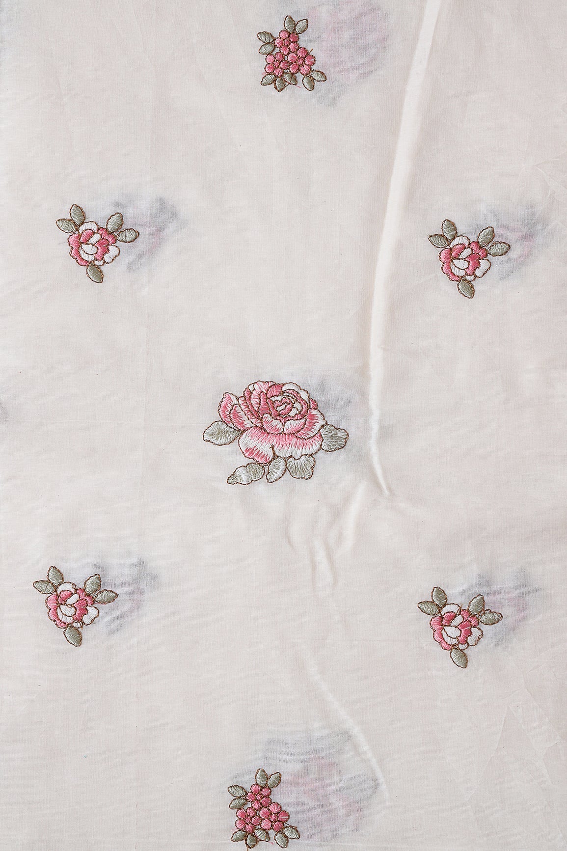 Gajri Pink And Olive Thread Floral Embroidery On Off White Organic Cotton Fabric - doeraa