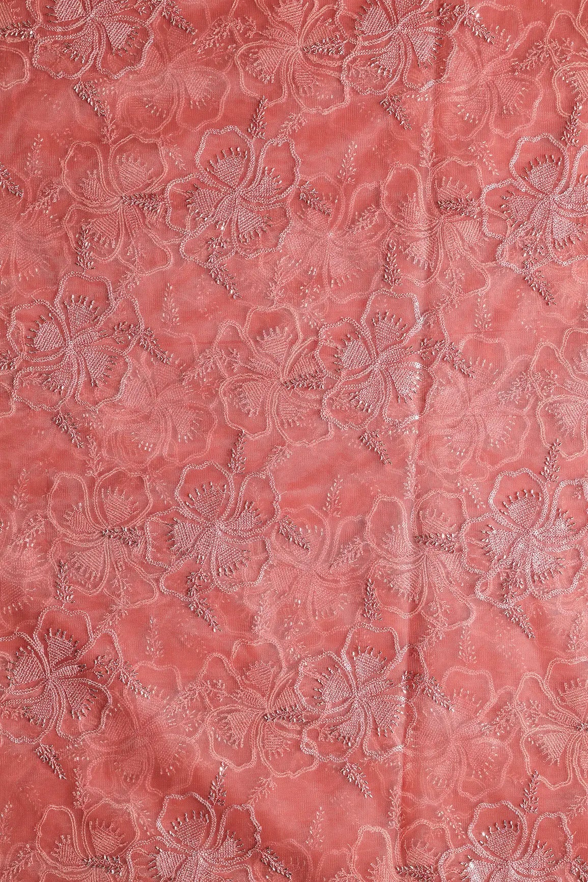 Gajri Pink Thread & Gold Beads With Water Sequins Floral Embroidery On Gajri Pink Soft Net Fabric - doeraa