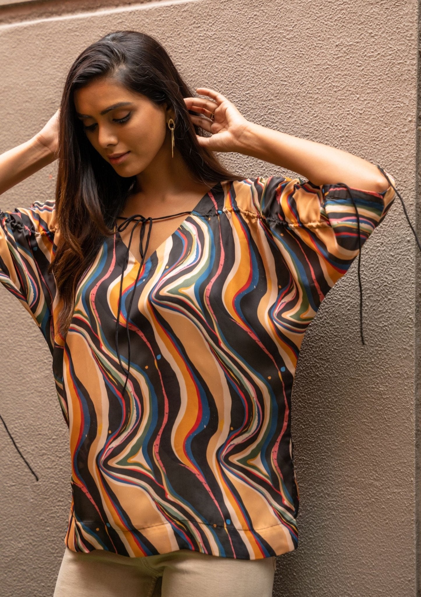 Galaxy Abstract Drawstring Satin Top - doeraa
