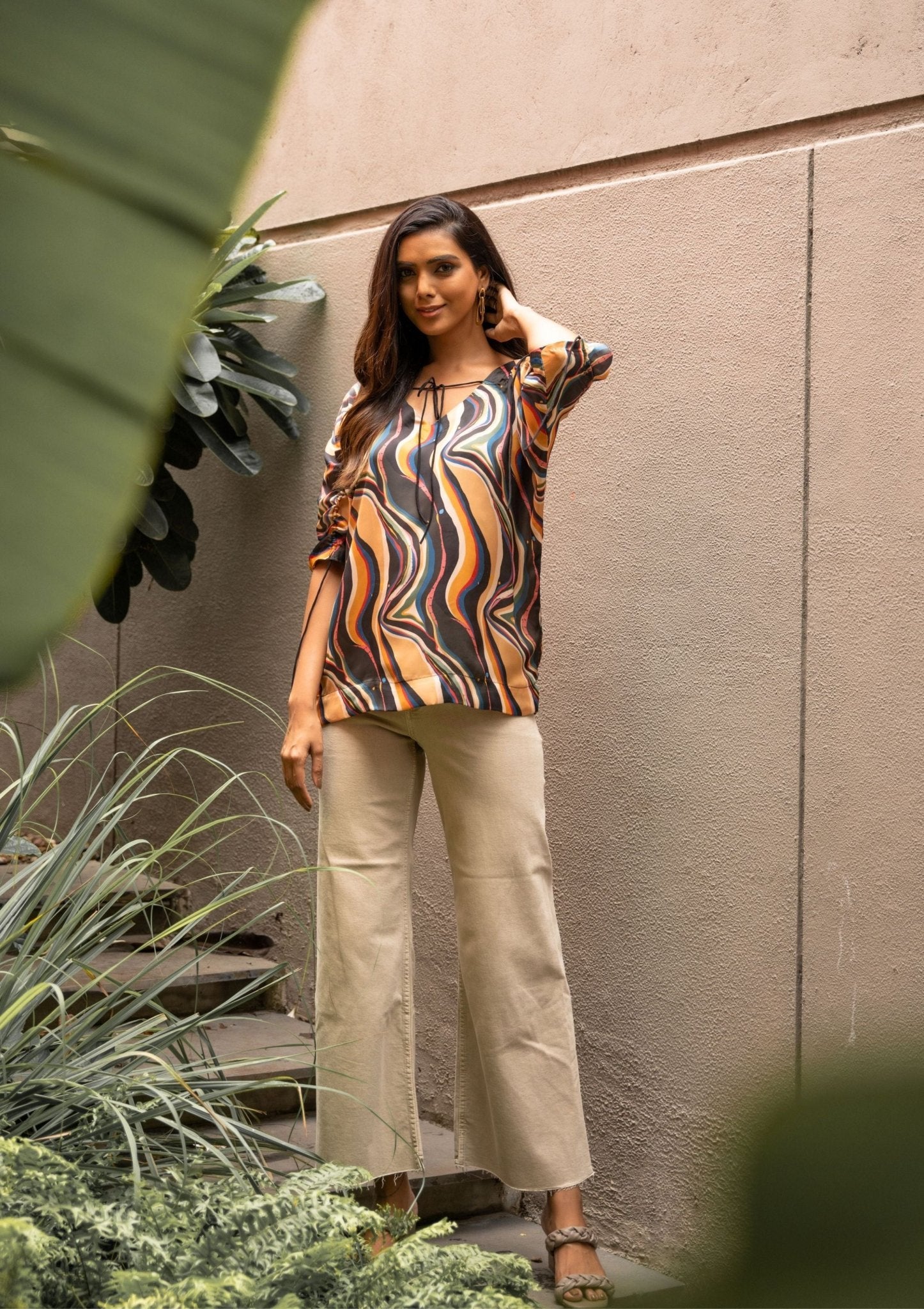 Galaxy Abstract Drawstring Satin Top - doeraa