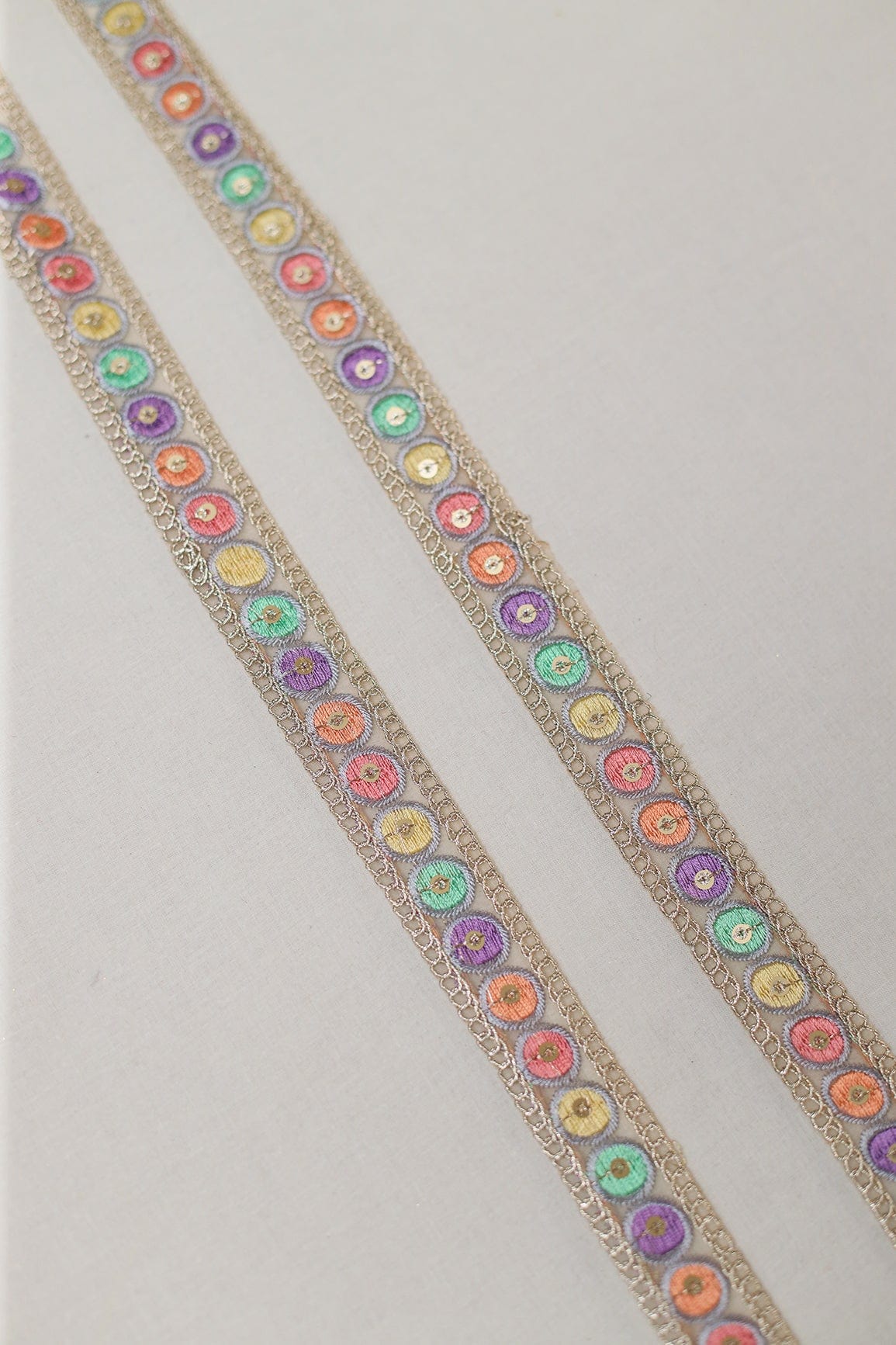 Geometric Multi Color Thread Work With Gold Sequins Embroidered Lace (9 Meters) - doeraa