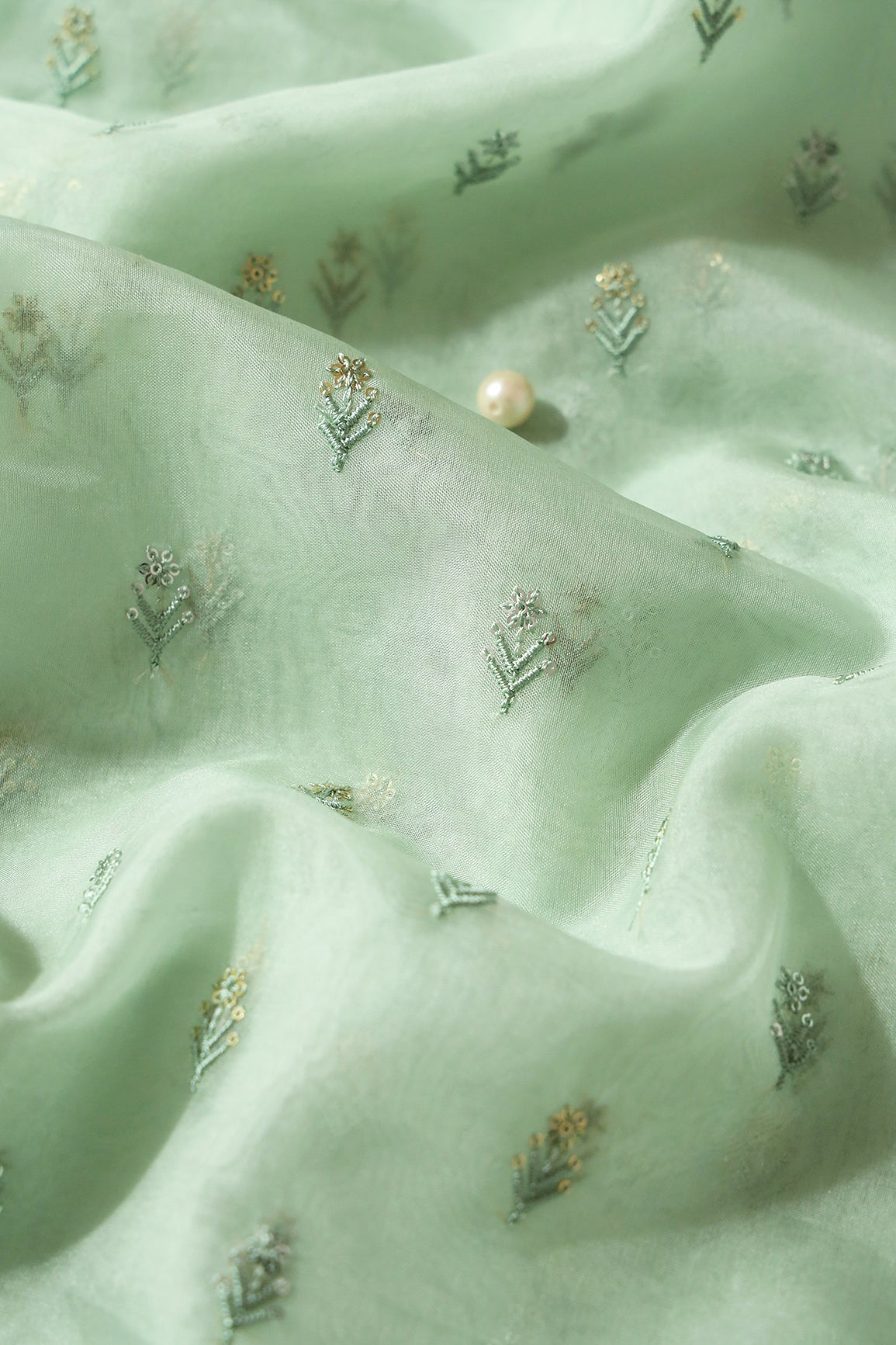 Gold And Silver Sequins Beautiful Small Floral Motif Embroidery Work On Pastel Olive Organza Fabric - doeraa