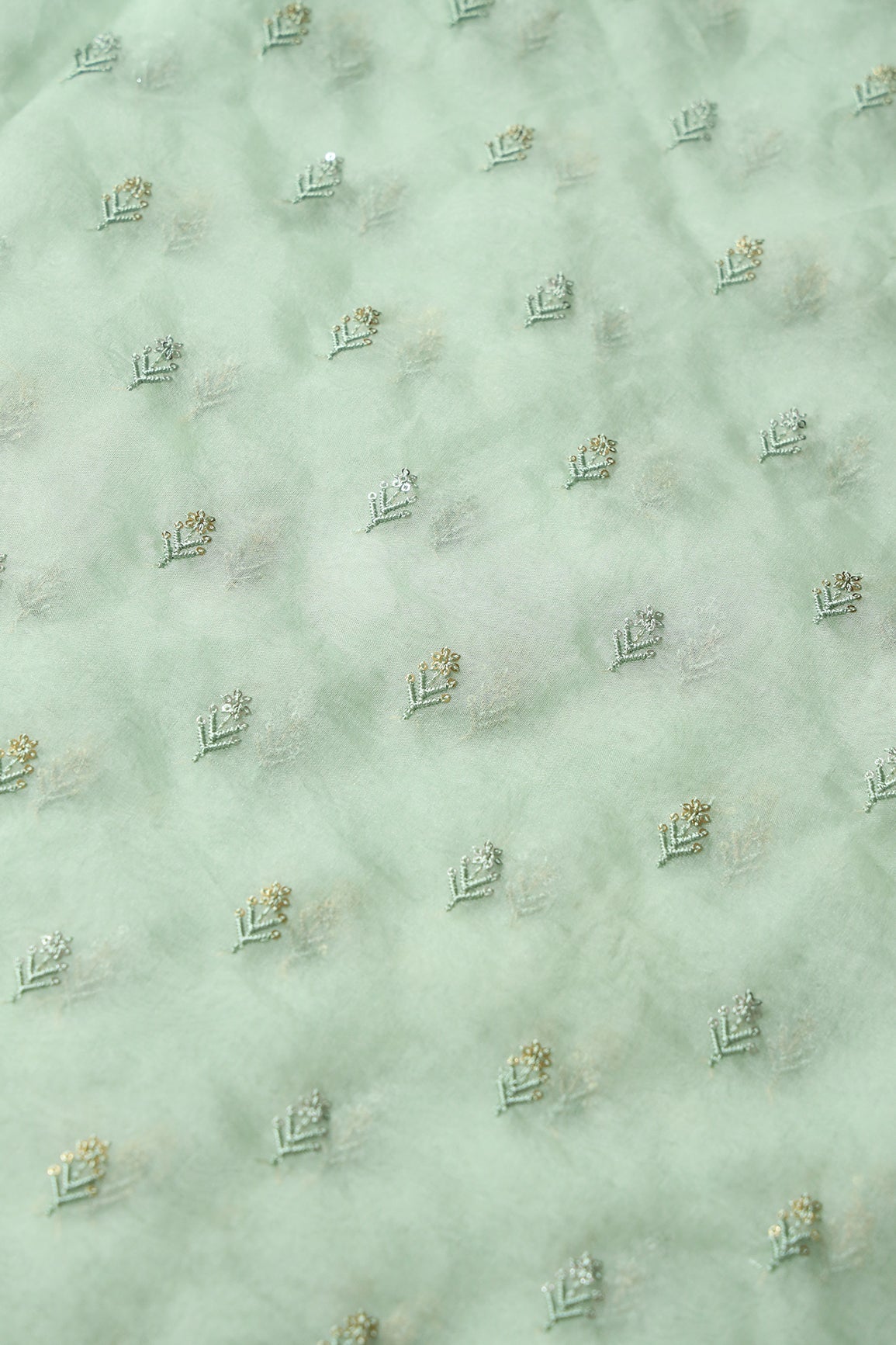 Gold And Silver Sequins Beautiful Small Floral Motif Embroidery Work On Pastel Olive Organza Fabric - doeraa