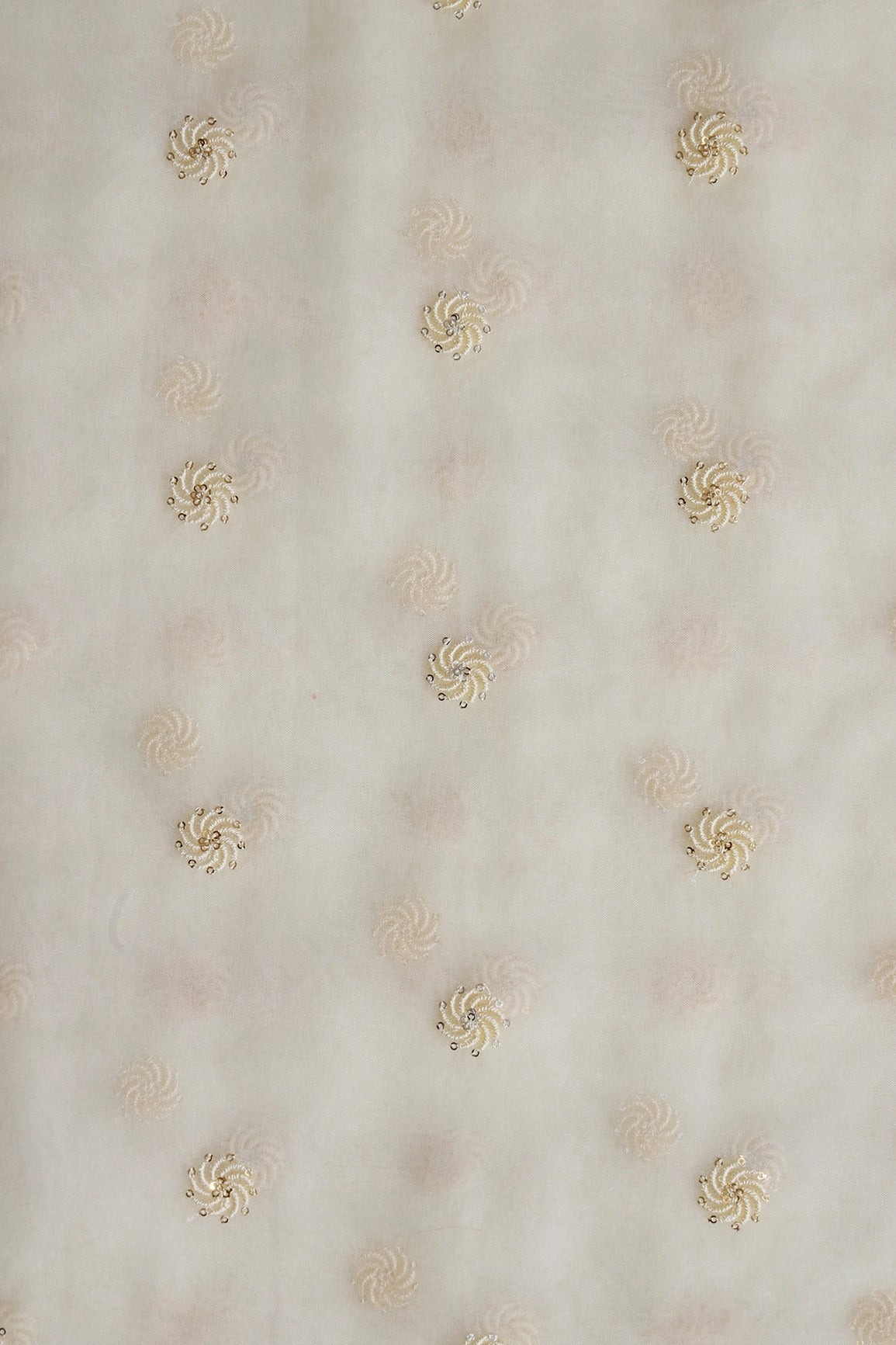 Gold And Silver Sequins Beautiful Small Motif Embroidery Work On Cream Organza Fabric - doeraa