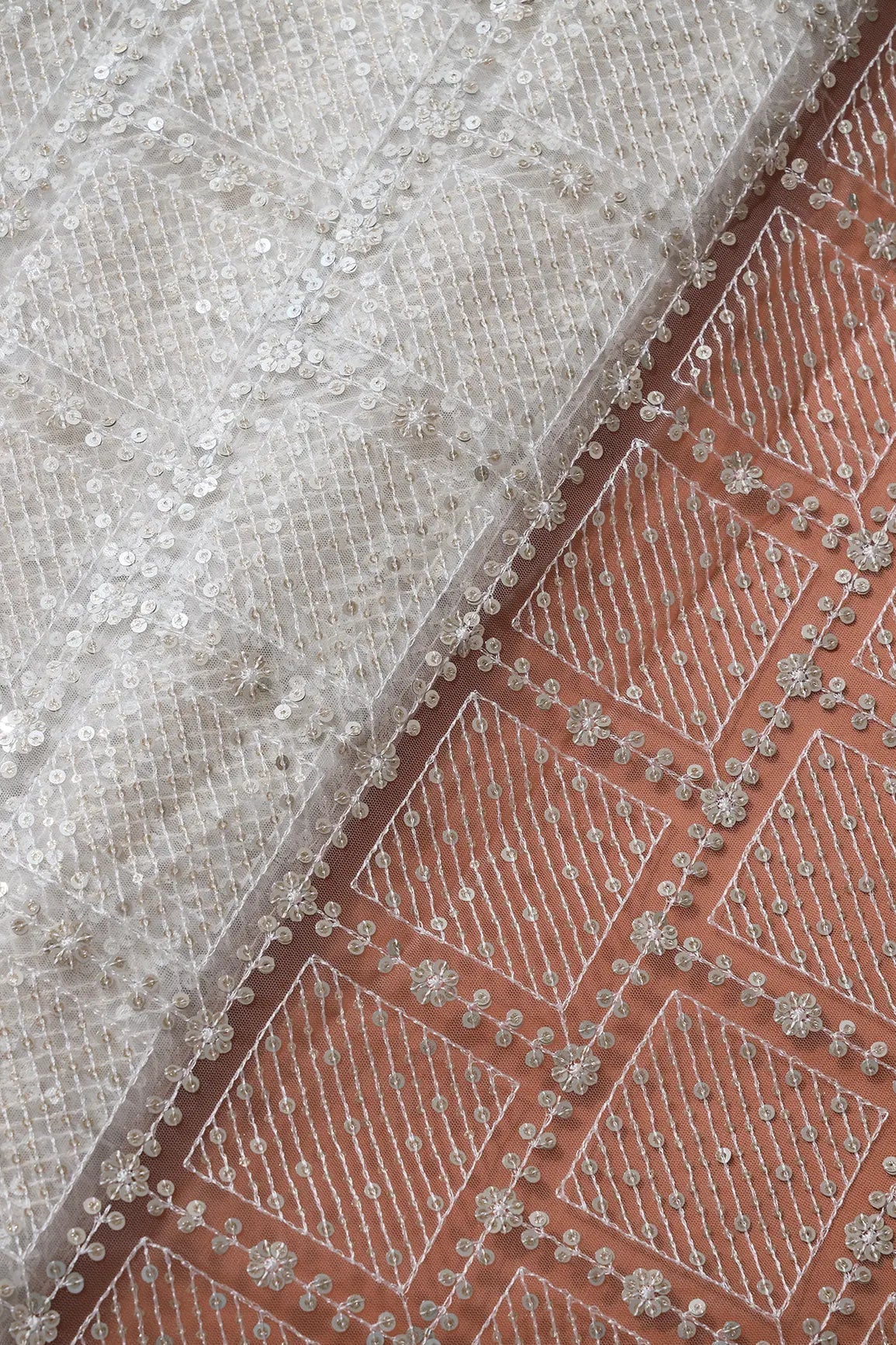 Gold And Silver Sequins Checks Embroidery On Dyeable White Soft Net Fabric - doeraa