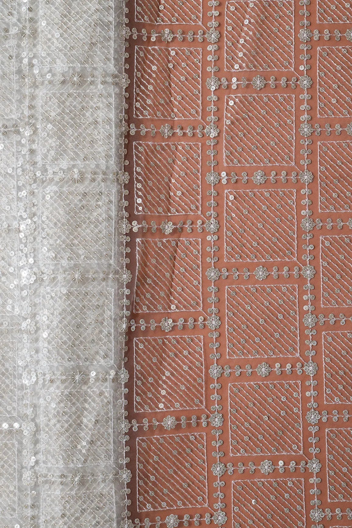 Gold And Silver Sequins Checks Embroidery On Dyeable White Soft Net Fabric - doeraa