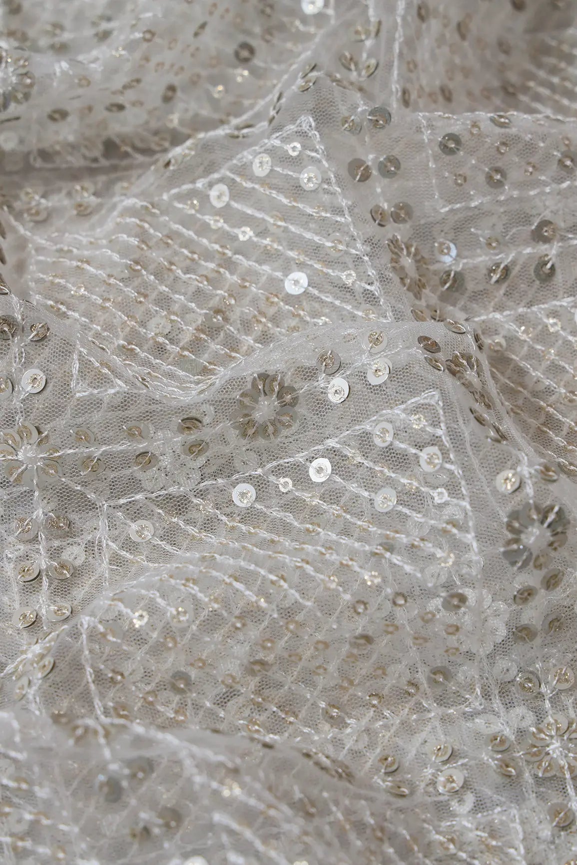 Gold And Silver Sequins Checks Embroidery On Dyeable White Soft Net Fabric - doeraa