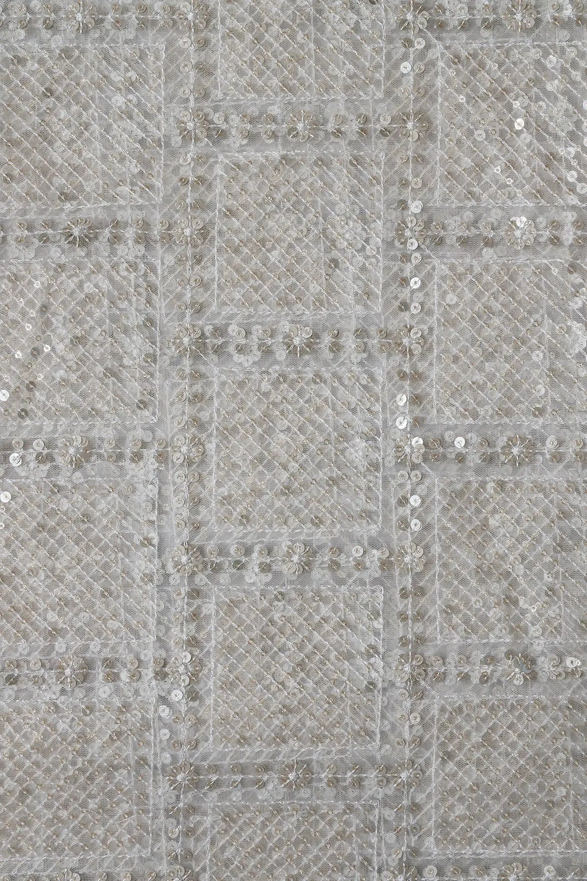 Gold And Silver Sequins Checks Embroidery On Dyeable White Soft Net Fabric - doeraa