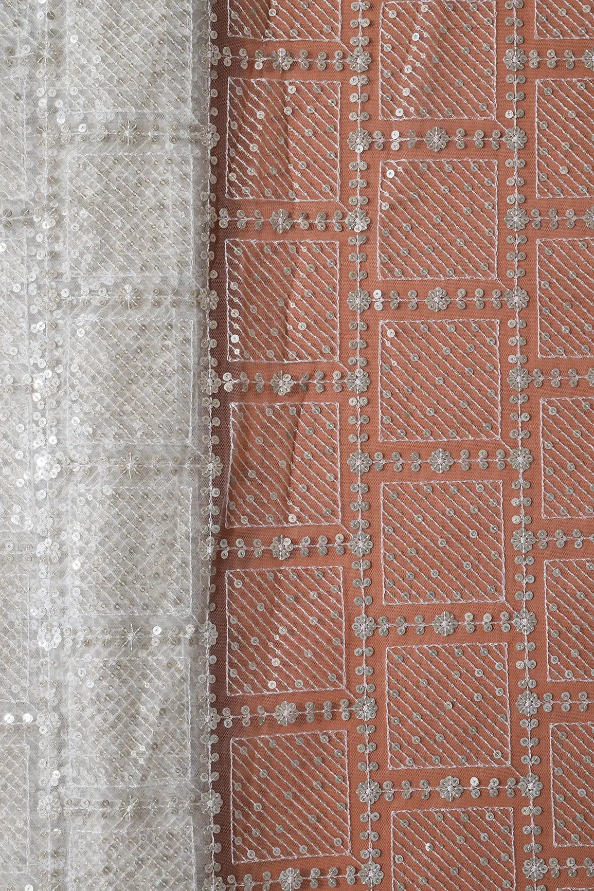 Gold And Silver Sequins Checks Embroidery On Dyeable White Soft Net Fabric - doeraa