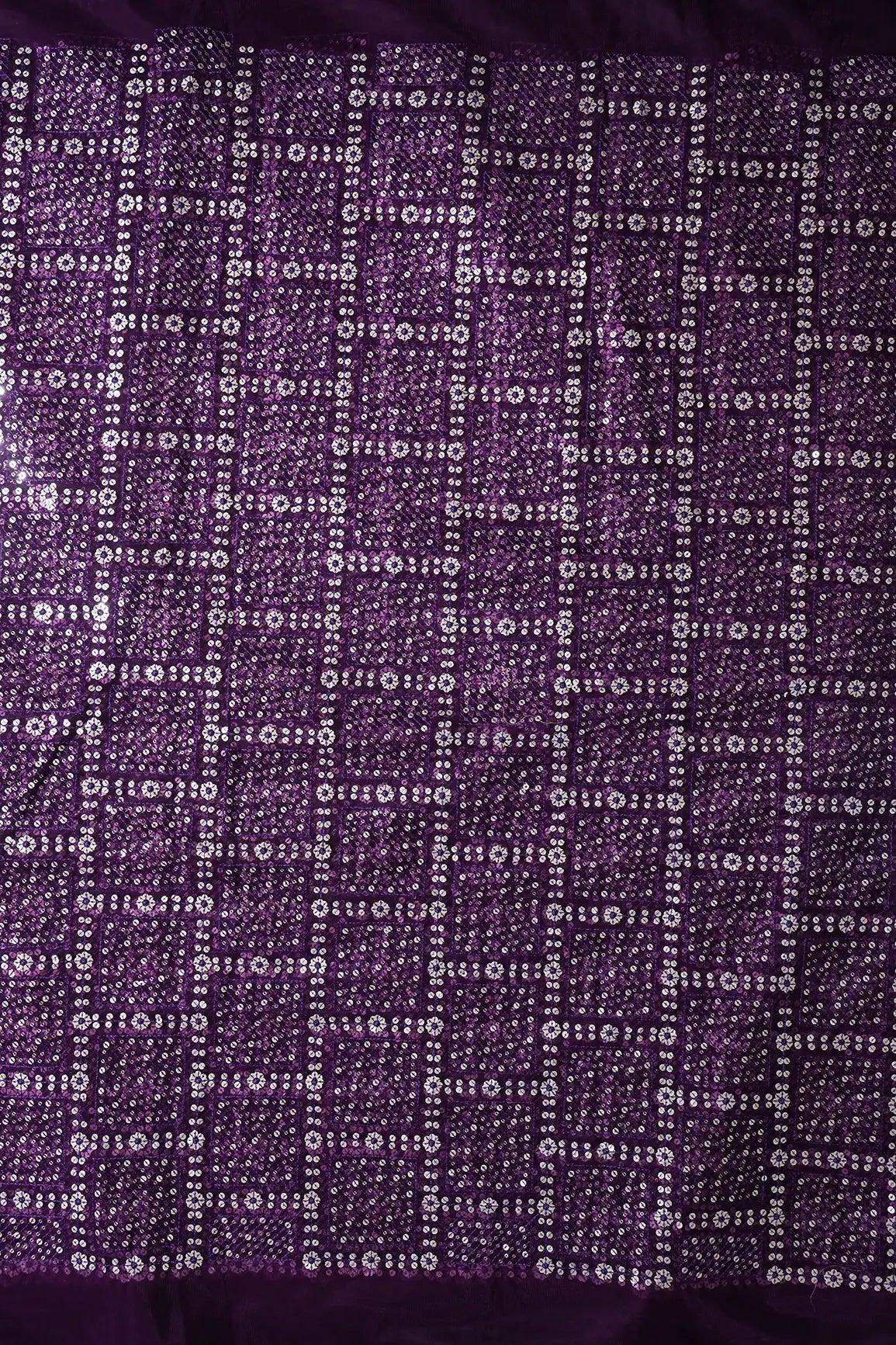 Gold And Silver Sequins Checks Embroidery On Wine Soft Net Fabric - doeraa