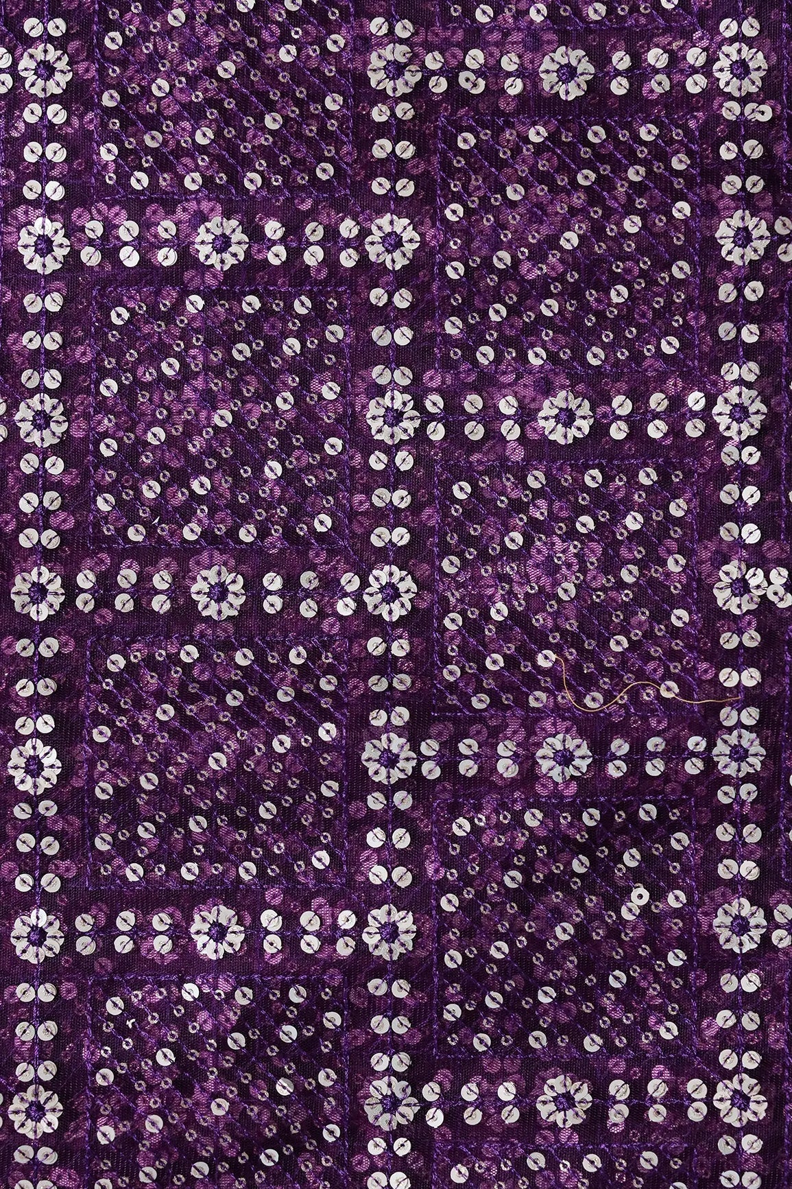 Gold And Silver Sequins Checks Embroidery On Wine Soft Net Fabric - doeraa