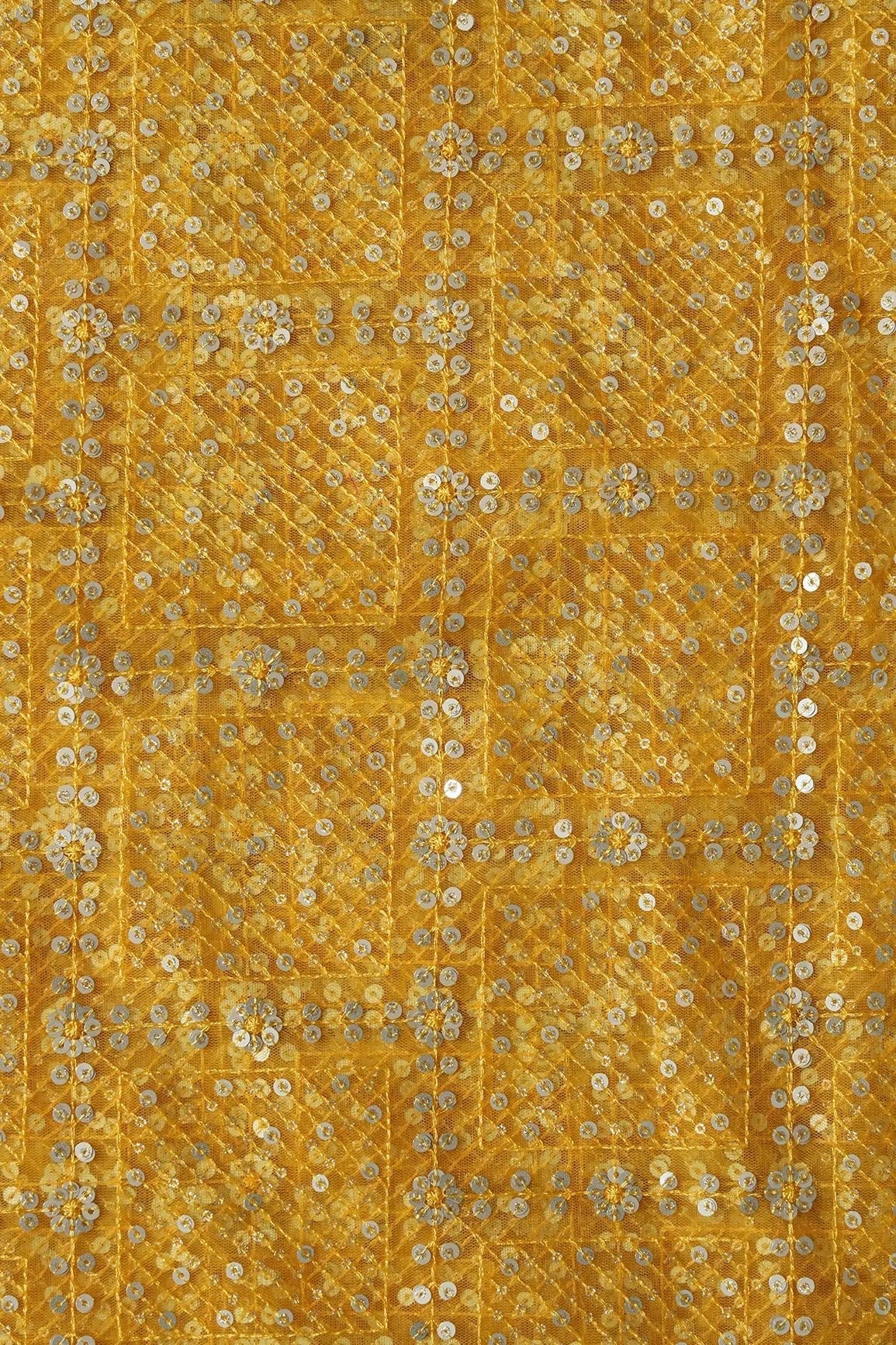 Gold And Silver Sequins Checks Embroidery On Yellow Soft Net Fabric - doeraa