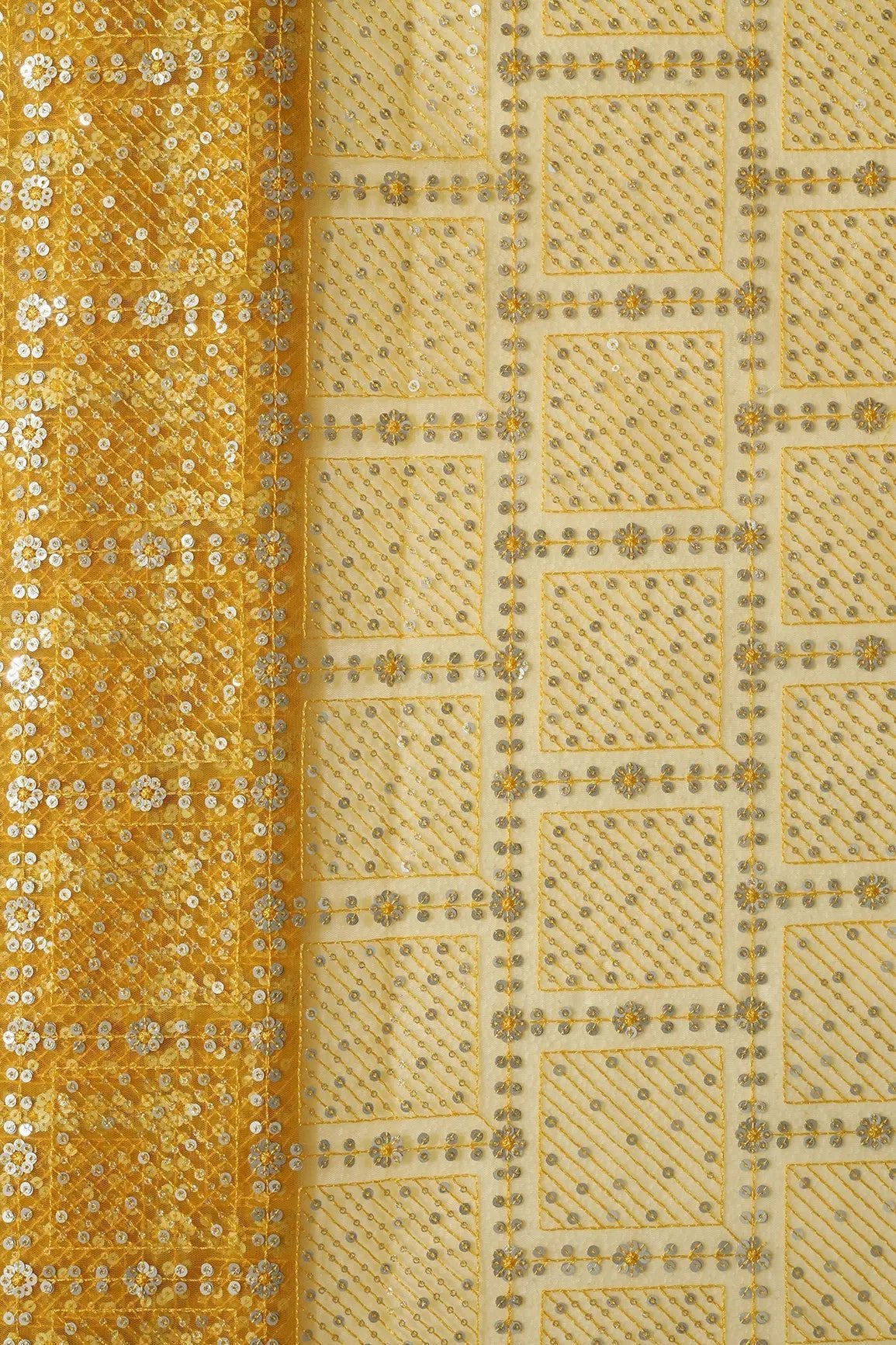 Gold And Silver Sequins Checks Embroidery On Yellow Soft Net Fabric - doeraa