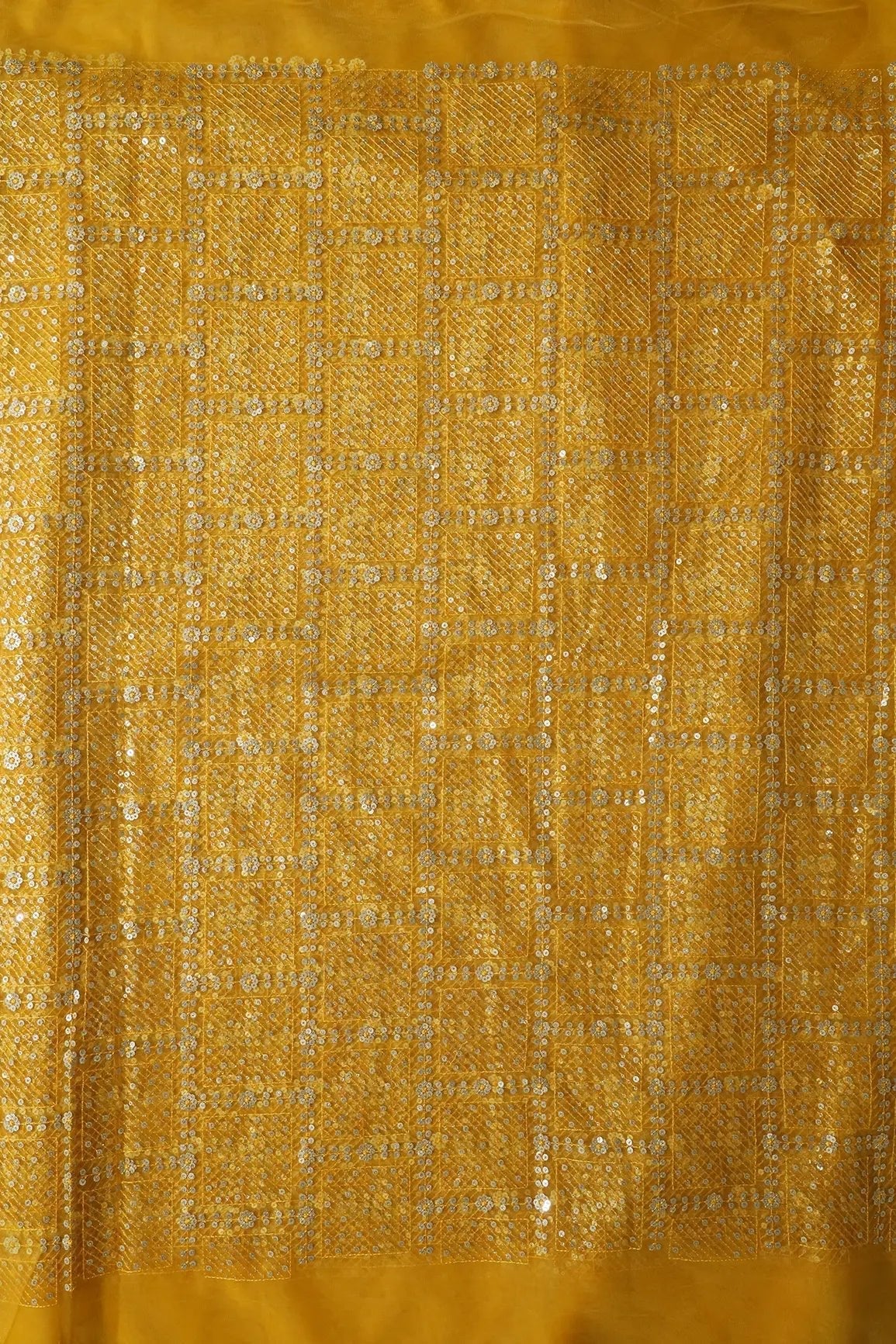 Gold And Silver Sequins Checks Embroidery On Yellow Soft Net Fabric - doeraa