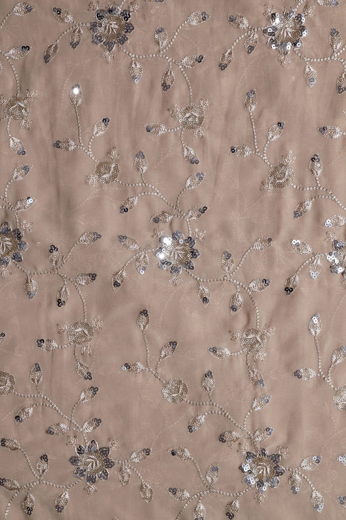 Gold And Silver Sequins Floral Embroidery Work On Beige Georgette Fabric - doeraa