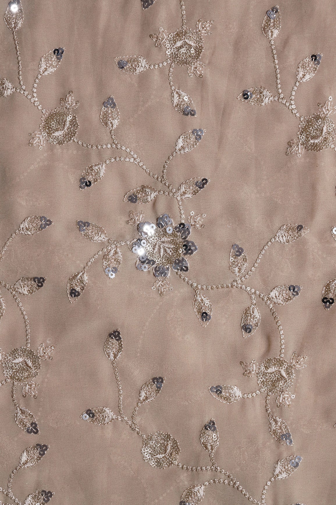 Gold And Silver Sequins Floral Embroidery Work On Beige Georgette Fabric - doeraa