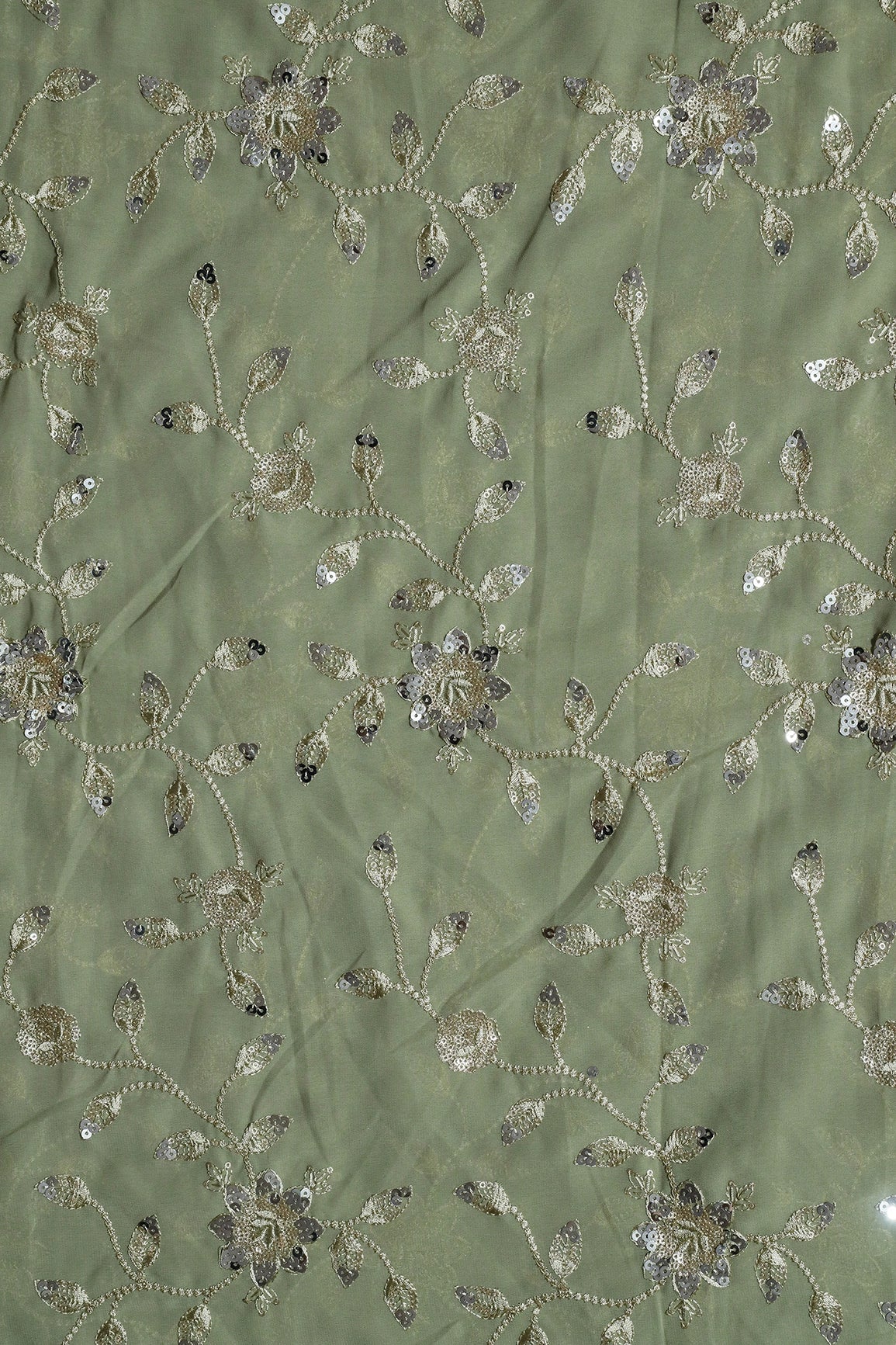 Gold And Silver Sequins Floral Embroidery Work On Olive Georgette Fabric - doeraa