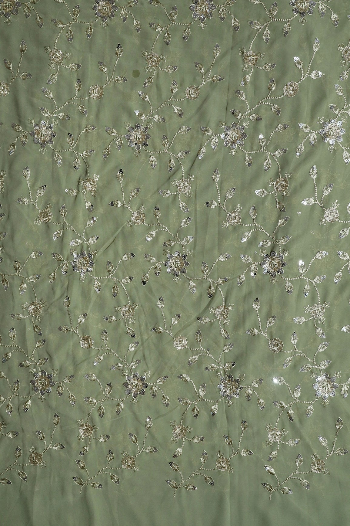 Gold And Silver Sequins Floral Embroidery Work On Olive Georgette Fabric - doeraa